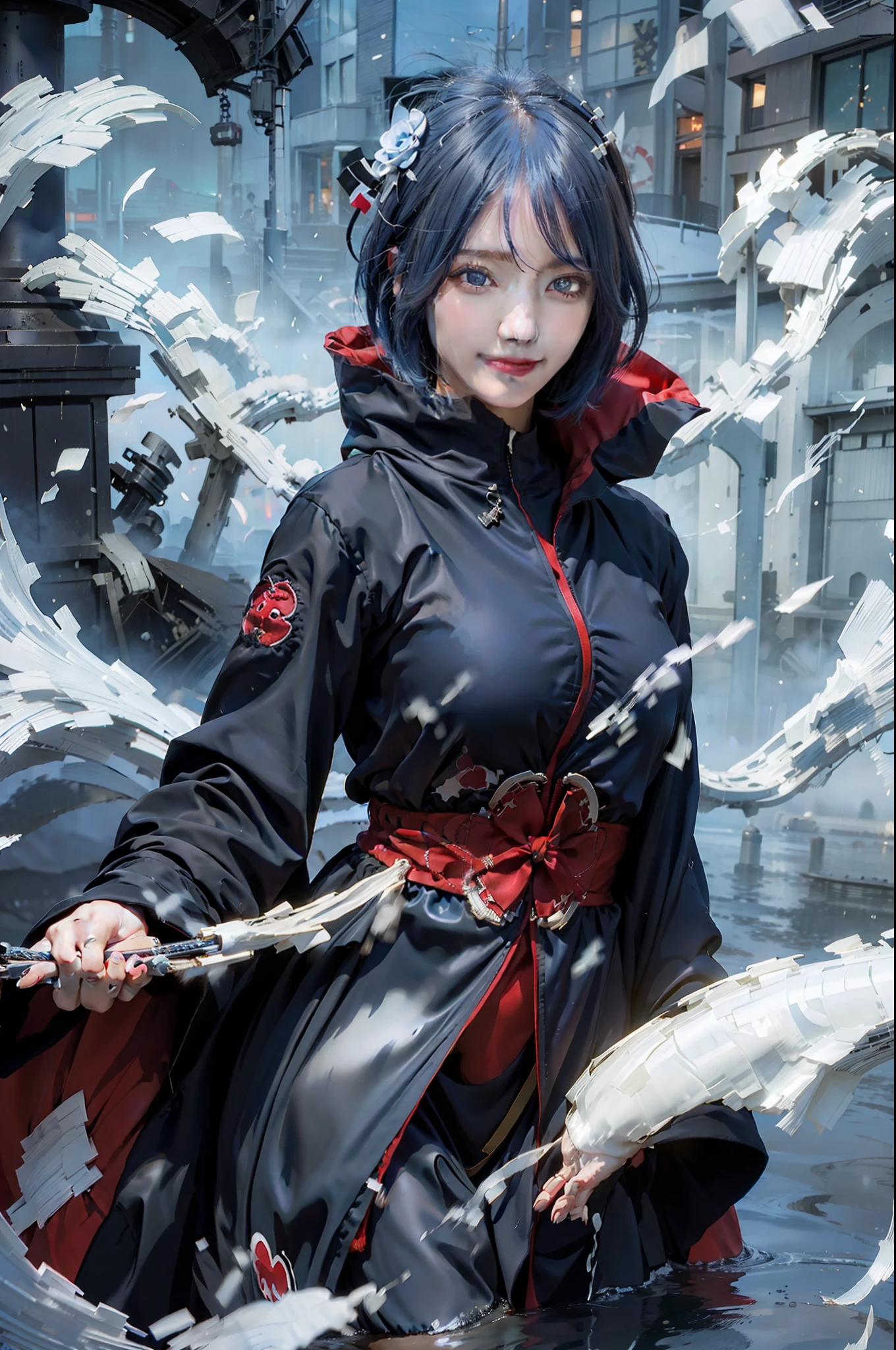 1fille, Konan Akatsuki, Cheveux bleus, Cheveux courts, yeux bleus, sourire, très gros seins, vêtements noirs et rouges, Réaliste, Ultra détaillé, fond extérieur