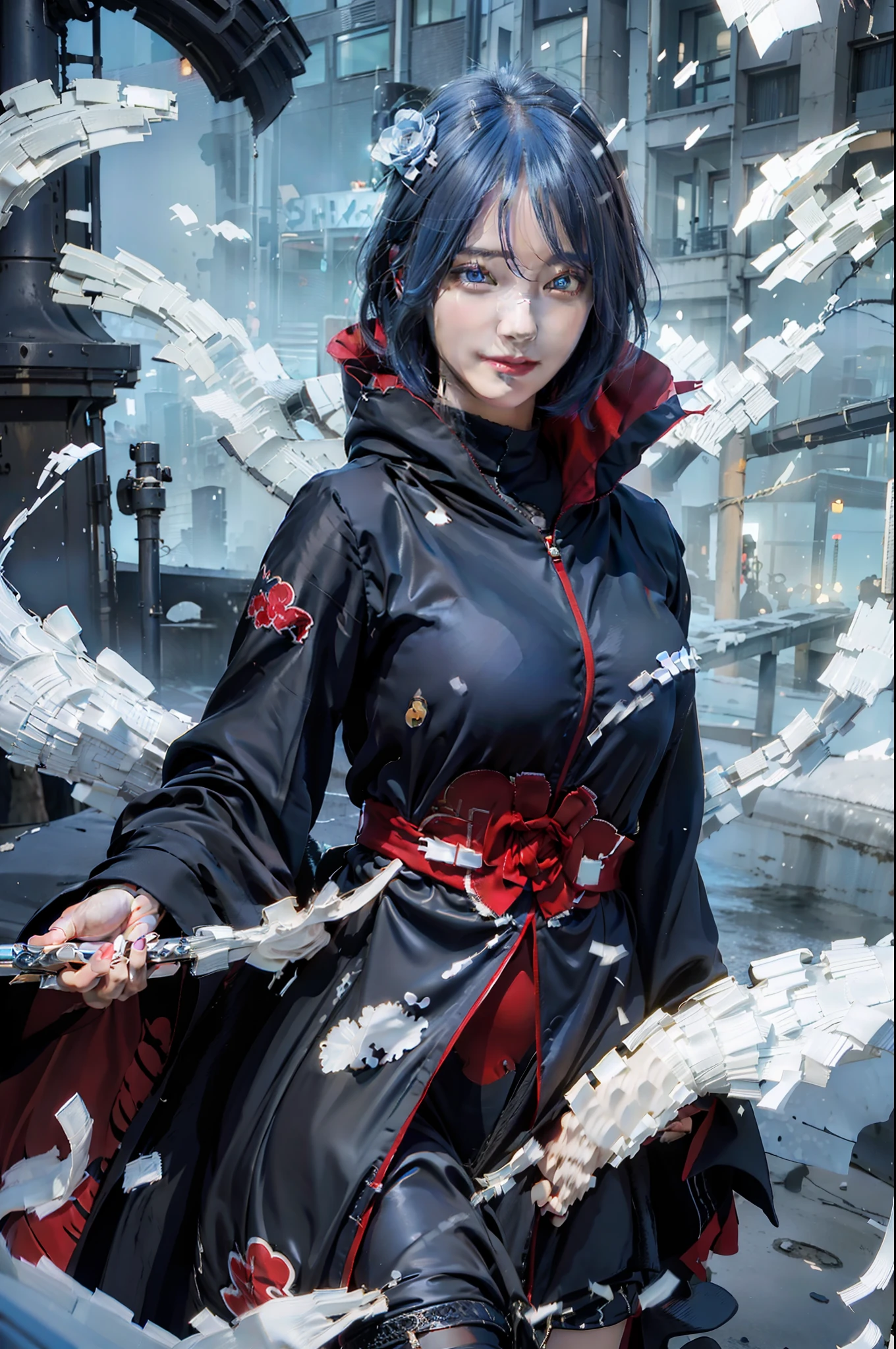 1fille, Konan Akatsuki, Cheveux bleus, Cheveux courts, yeux bleus, sourire, très gros seins, vêtements noirs et rouges, Réaliste, Ultra détaillé, fond extérieur