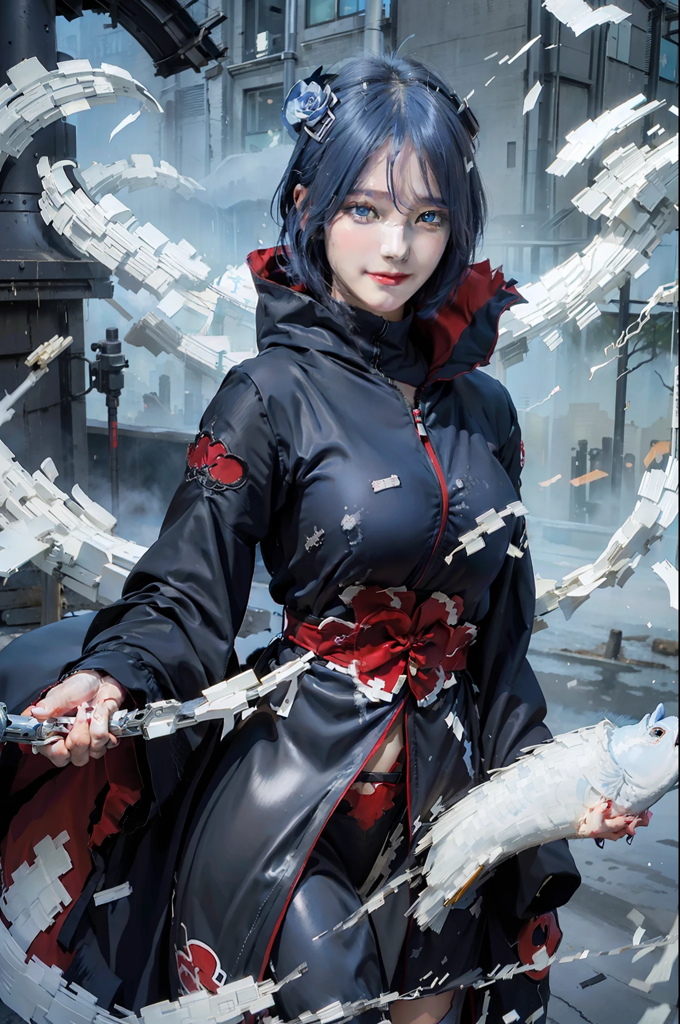 1fille, Konan Akatsuki, Cheveux bleus, Cheveux courts, yeux bleus, sourire, très gros seins, vêtements noirs et rouges, Réaliste, Ultra détaillé, fond extérieur