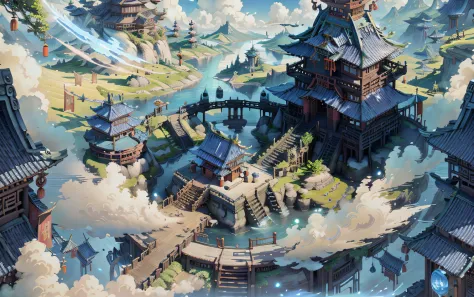 Immortal world, fairy island, sky realm, blue and white tones, science fiction style, ancient Chinese architecture