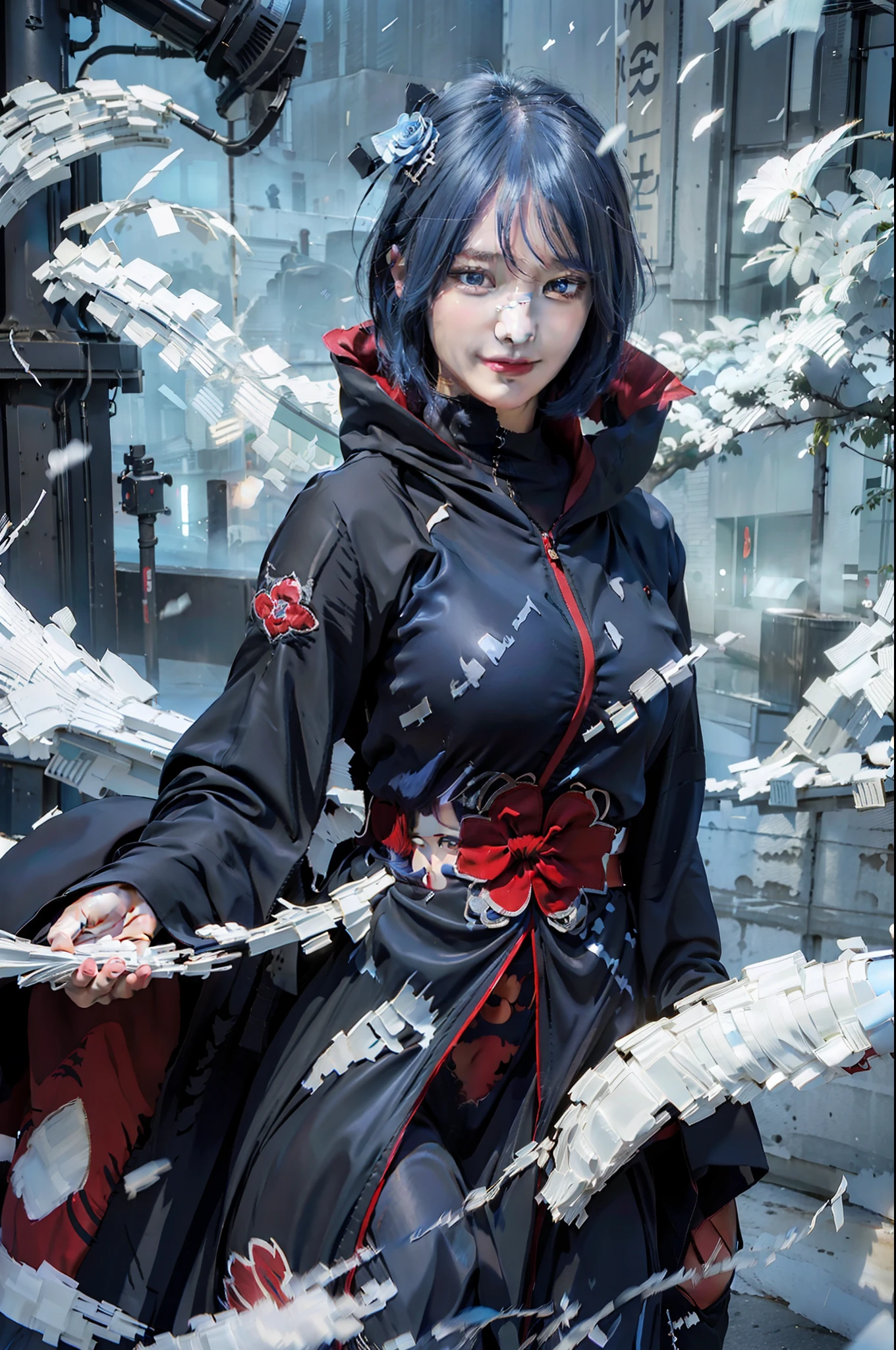 1fille, Konan Akatsuki, Cheveux bleus, Cheveux courts, yeux bleus, sourire, très gros seins, vêtements noirs et rouges, Réaliste, Ultra détaillé, fond extérieur