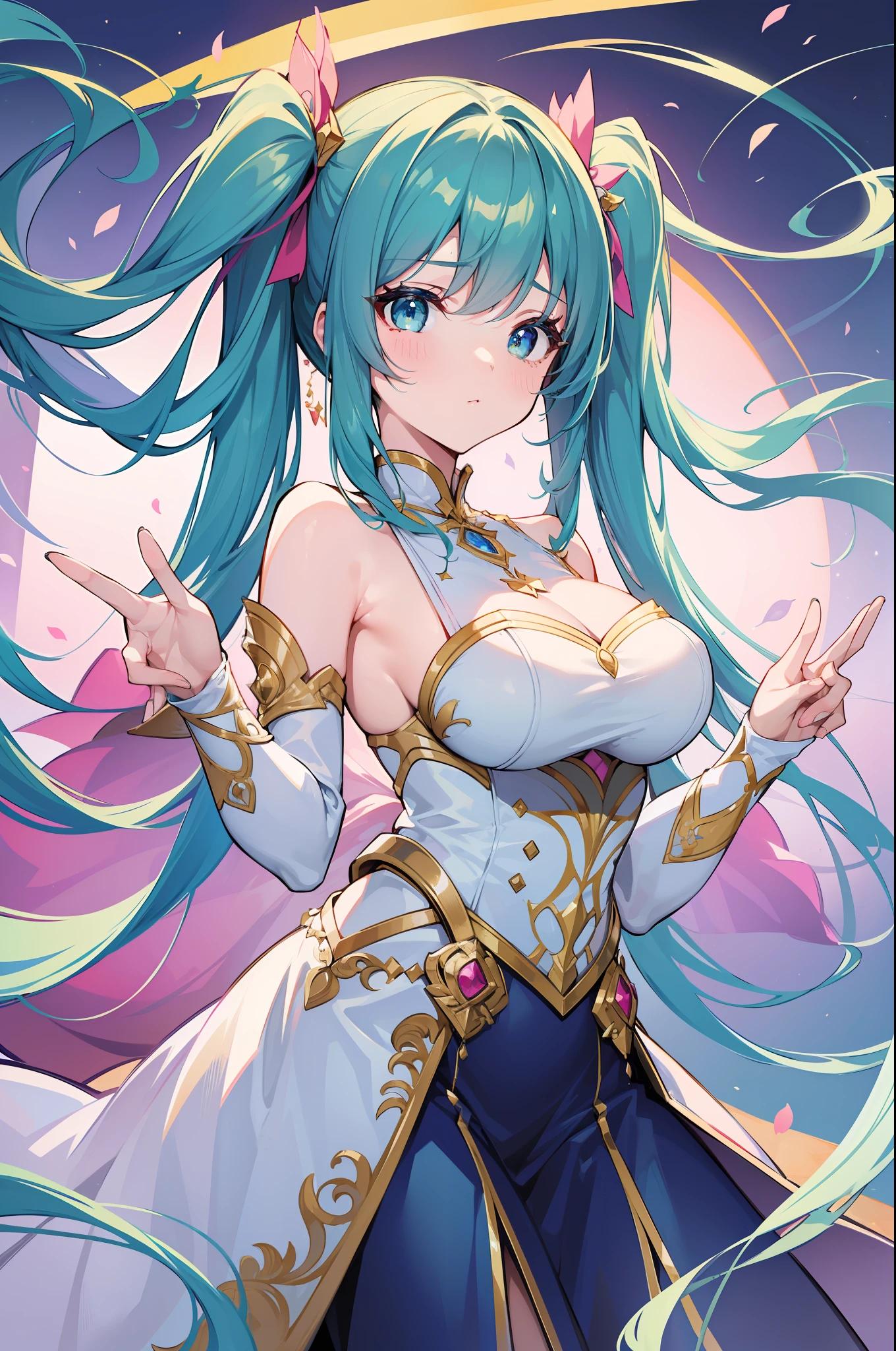 ((Masterpiece)), (best quality), highres, ultra detailed, gradient, dynamic pose, wide shot, golden ratio, super cute girl, (mature girl), super beautiful girl with super cute and sexy face, (super cute face expression), most beautiful warrior girl, with most beautiful shiny green eyes, very detailed and expressive eyes, super beautiful long blue hair, twin tails, very delicate and gorgeous, (nice, delicate and beautiful hands and fingers), (wearing super girly, original and super stunning clothes), very beautiful clothes, with a super beautiful magical rod, with beautiful powers, in a divine realm in war, mesmerizing and enchanting art