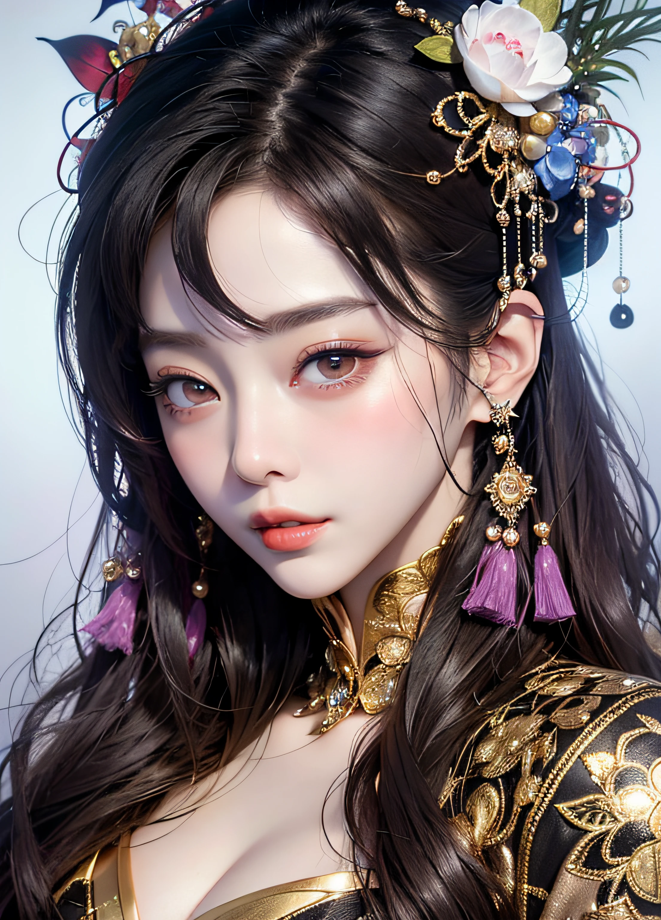 It is a dreamy and ethereal image. Generate a whimsical and powerful queen by Fan Bingbing with beautiful detailed and realistic eyes. Includes ink drops and fairytale lighting. The colors used should be soft and soft，Except for her eyes, Shadows should be bold and realistic. Including luminescence, glitters, a slight light, and intricate detailing. This is a high-quality image by world-class artist Fan Bingbing. ((Masterpiece))