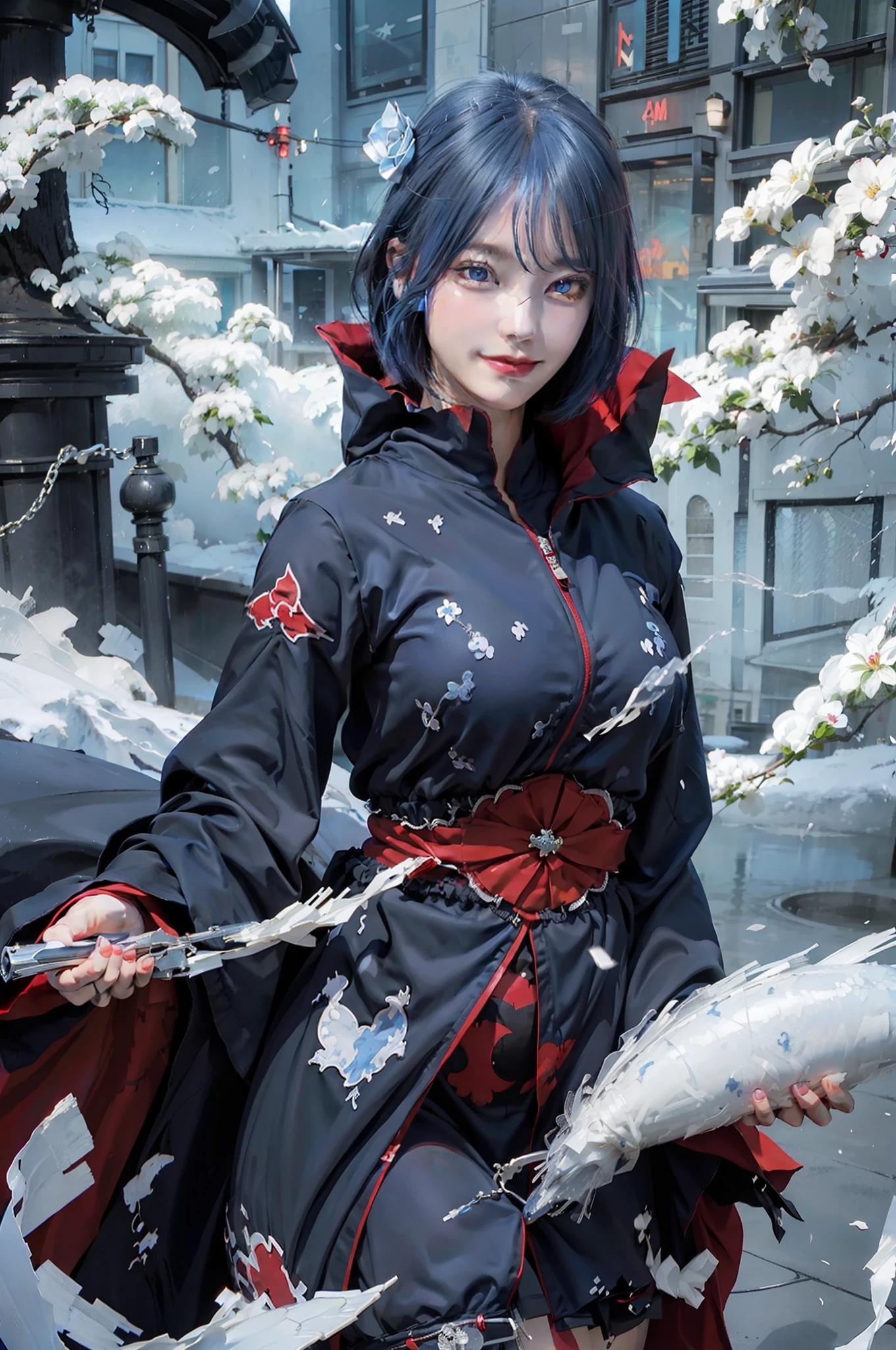 1fille, Konan Akatsuki, Cheveux bleus, Cheveux courts, yeux bleus, sourire, très gros seins, vêtements noirs et rouges, Réaliste, Ultra détaillé, fond extérieur