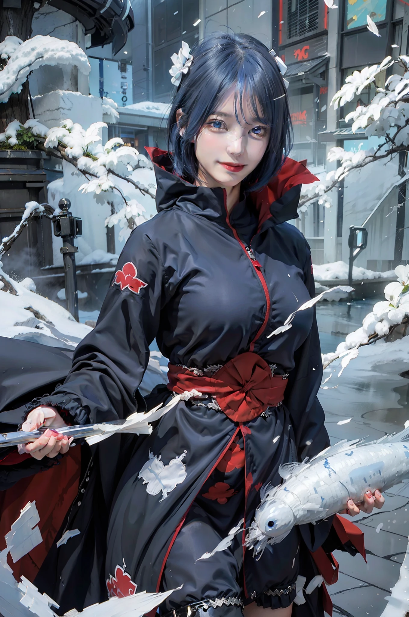 1fille, Konan Akatsuki, Cheveux bleus, Cheveux courts, yeux bleus, sourire, très gros seins, vêtements noirs et rouges, Réaliste, Ultra détaillé, fond extérieur