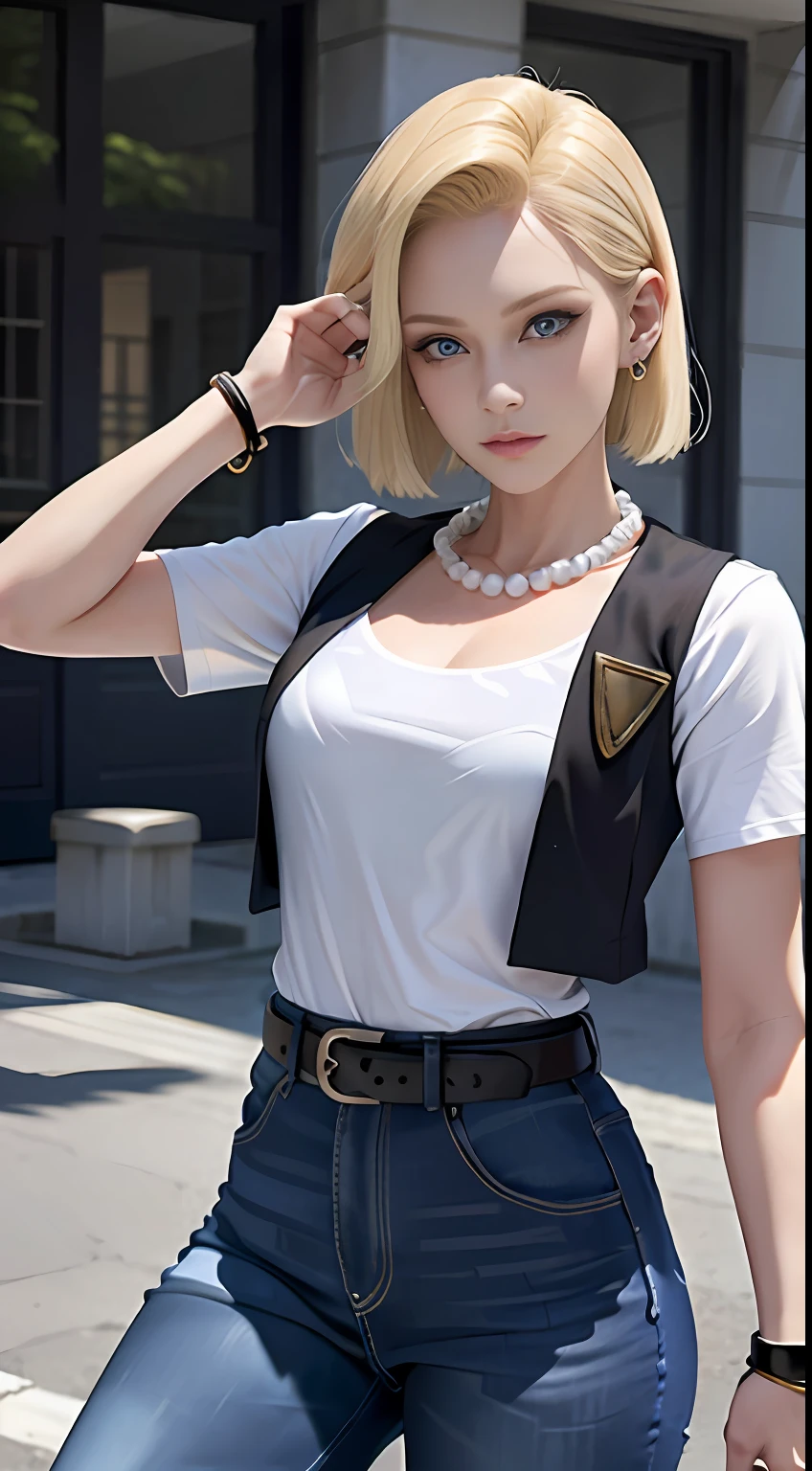 8k, real picture, intricate details, ultra-detailed,(photorealistic),
and18, 1girl, android 18, blonde hair, blue eyes, belt, jeans, pearl_necklace, bracelet, black gloves, white shirt, short hair, short sleeves, earrings, blue pants, open vest, black vest,
peace, sign