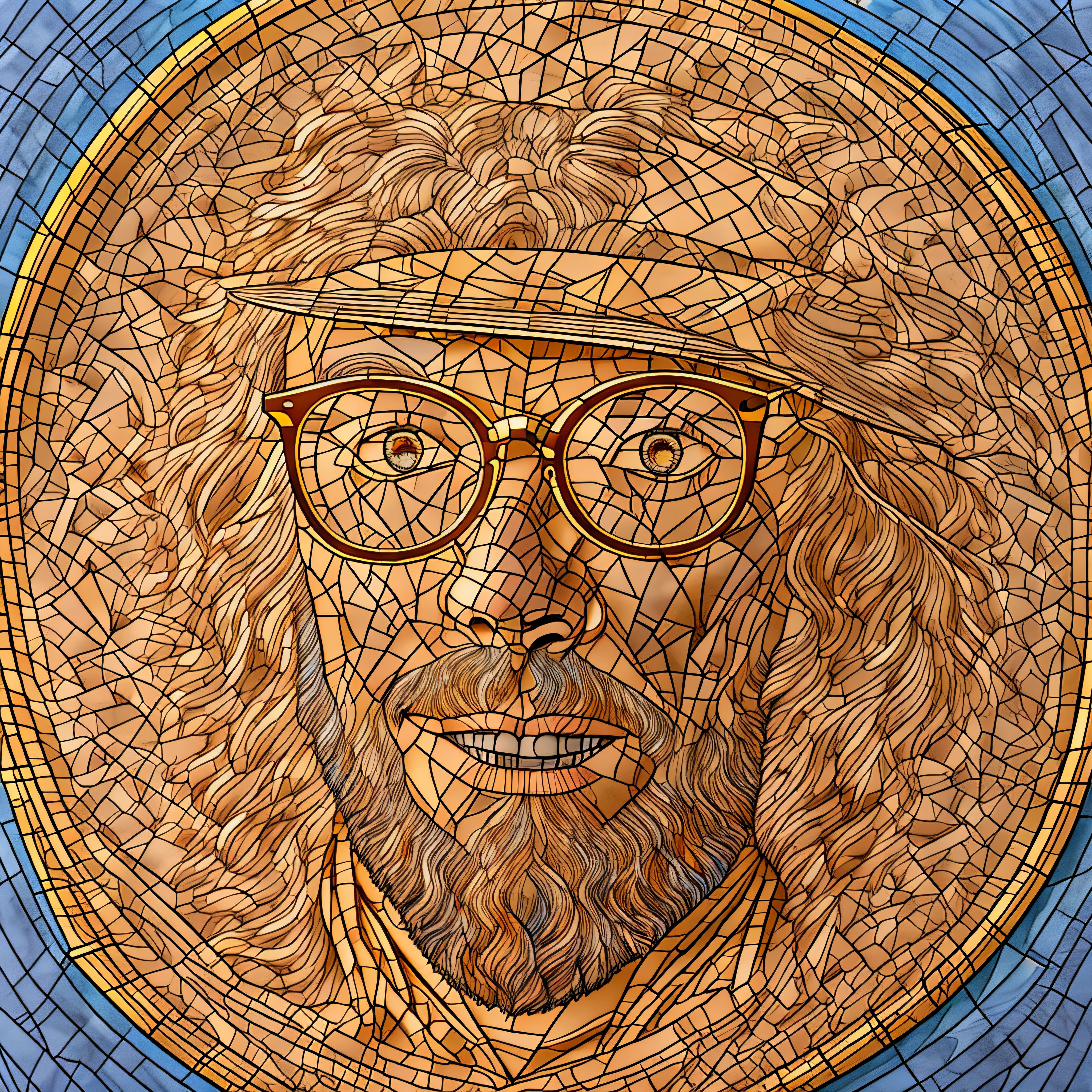 Image of a man with glasses and hat on a gold medal, Retrato de Jean Giraud, Retrato de Sam Hyde, Pulitzer Prize, Pulitzer Prize, Pulitzer Prize winner, Pulitzer Prize winner, Chuck Fechar:7, j. Dickenson, j.Dickenson, Arte de Pedro Bell, Velho John Lennon, arte premiada