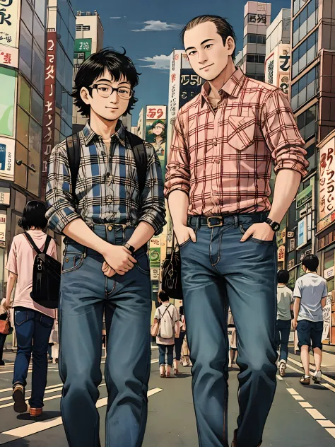 akihabara、nerdy、thinning hair、fat、check shirt、denim pant