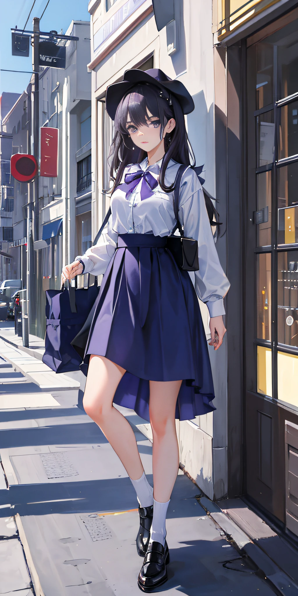 Highest quality, masterpiece, 1girl, ultimate detail, exquisite facial features，full body picture，stand，Carrying a blue bag，Overlooking the audience，Slim legs，drak white JK_shirt，drak gray JK_skirt，purple_eyes，