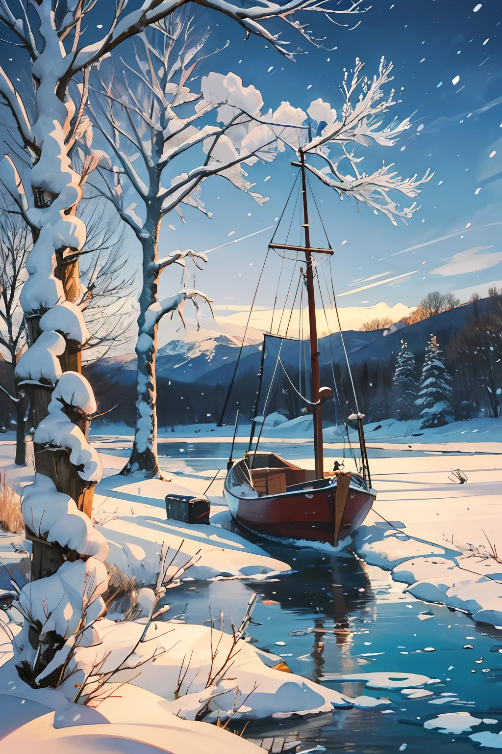 Lonely boat, fishing alone in the cold river and snow