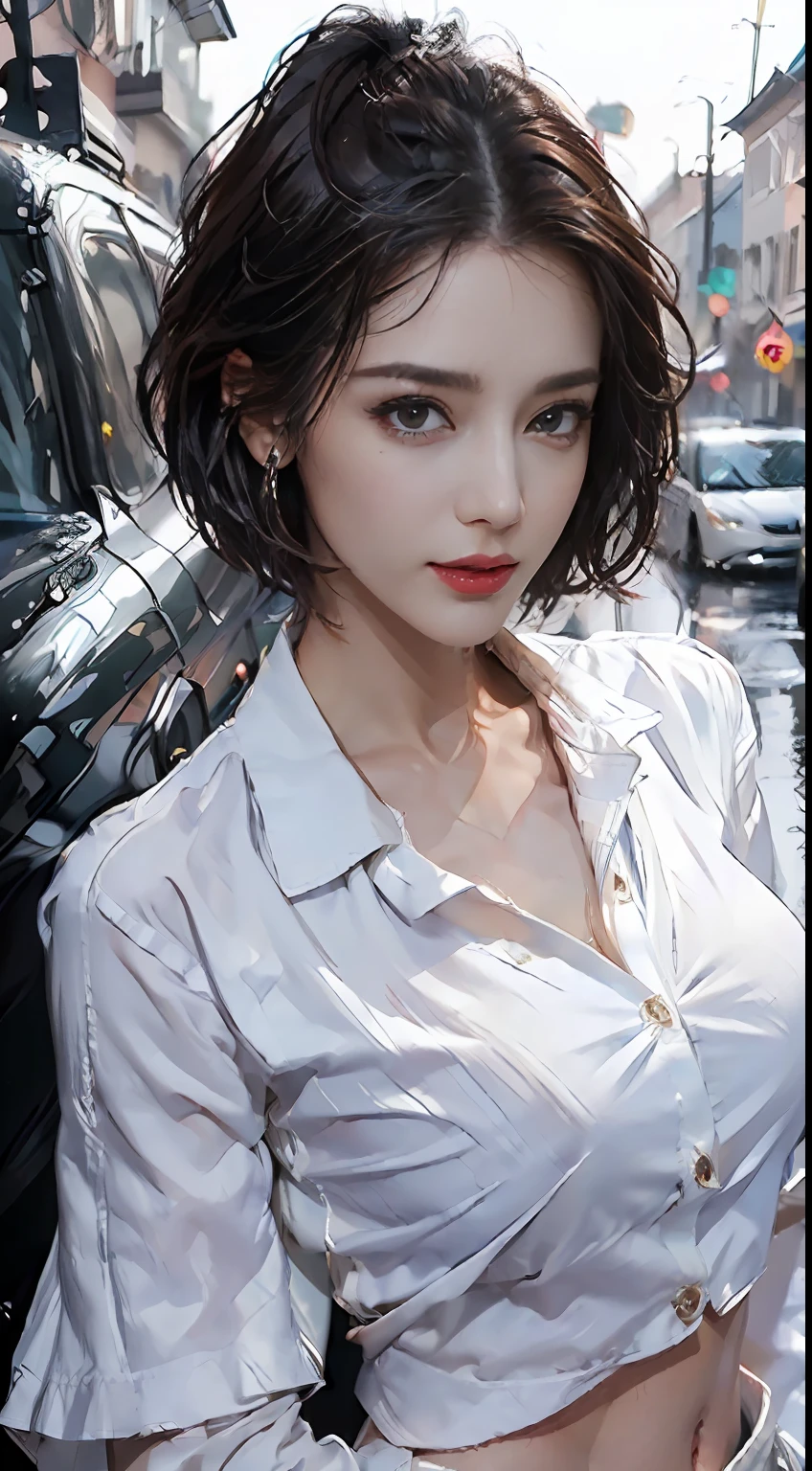 ((Best quality, 8k, Masterpiece :1.3)), Sharp focus :1.2, A pretty woman with perfect figure :1.4, Slender abs :1.2, ((Layered haircut, Big breasts :1.2)), (Wet white button up long shirt :1.1), (Rain, Street:1.2), Wet body :1.5, Highly detailed face and skin texture, Detailed eyes, Double eyelid