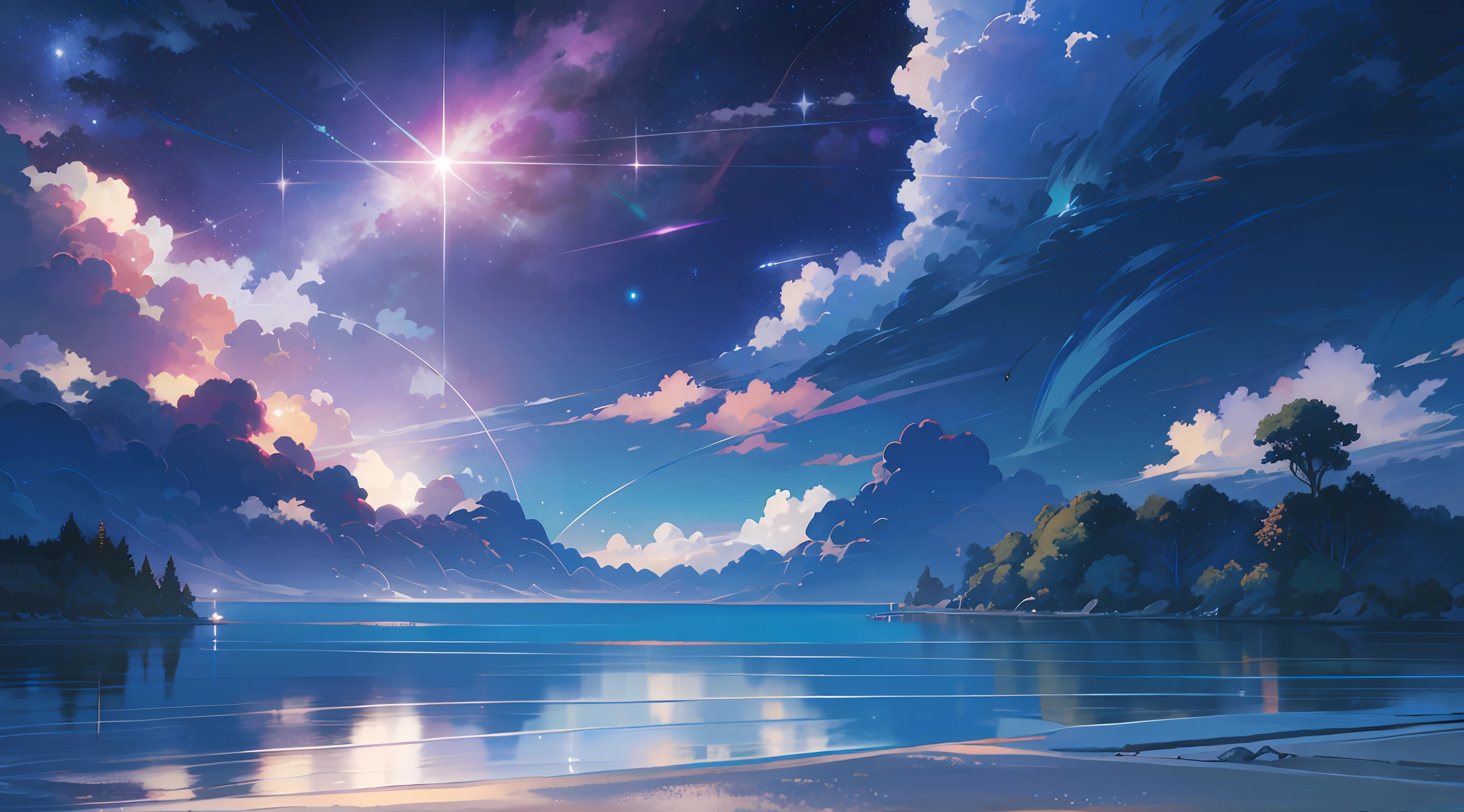 Paisaje anime de una playa con un lago y un cielo - SeaArt AI