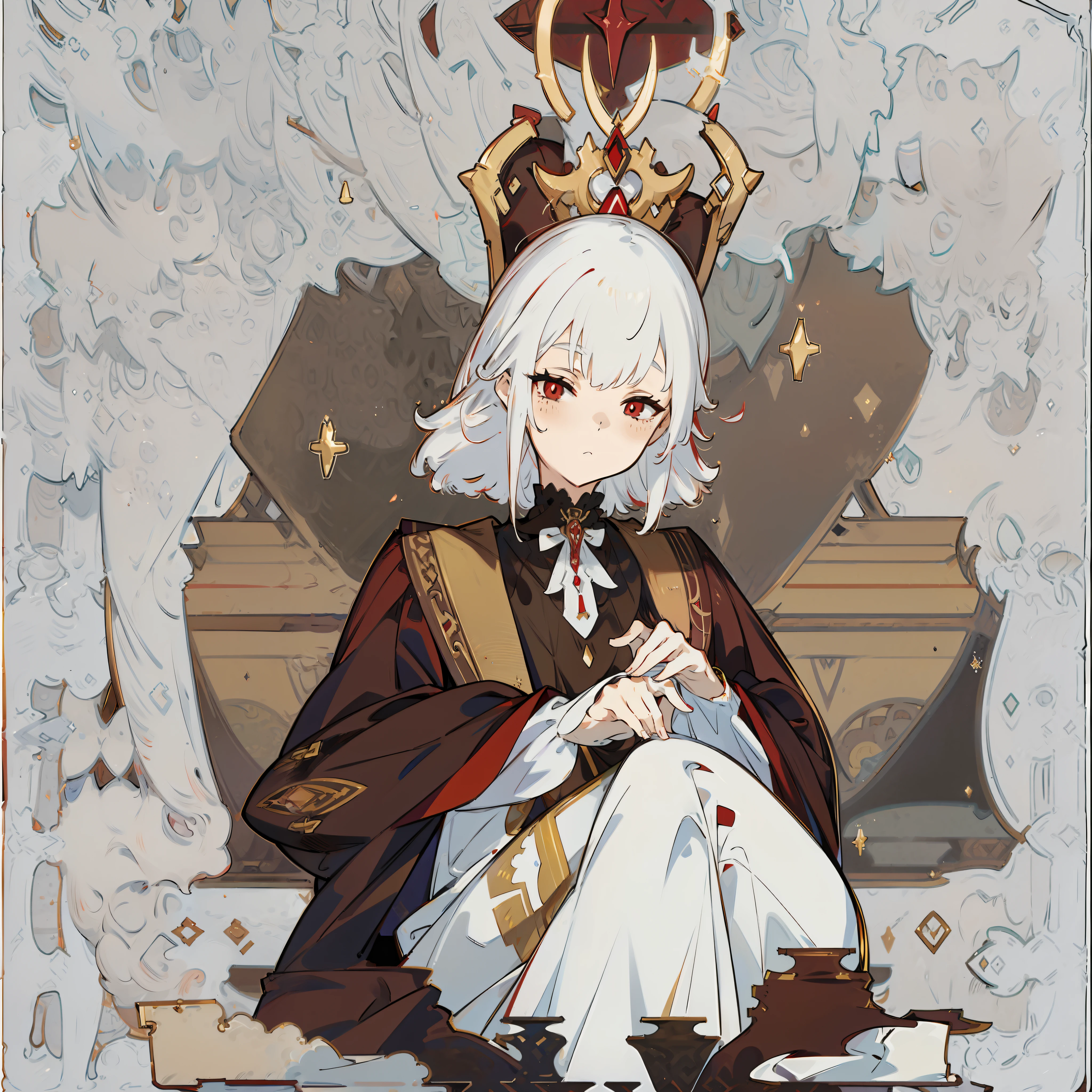 Wallpapers, Ultra high quality, apathy，White hair，Dark red pupils，sitted，cold shades，Unique style depiction，Gold pattern