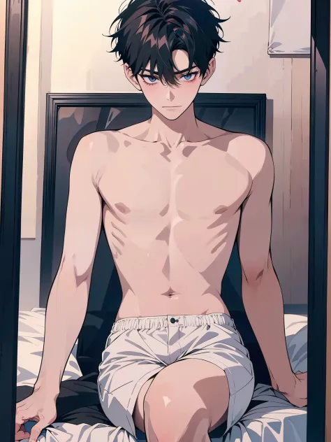 ((only one person)), A beautiful boy is sitting on a bed in a closed room，(((The whole picture is a mirror))), gay, masterpiece，highest  quality，High contrast, The upper body is naked, closeup cleavage, Interactive expressions, short detailed hair, slender...