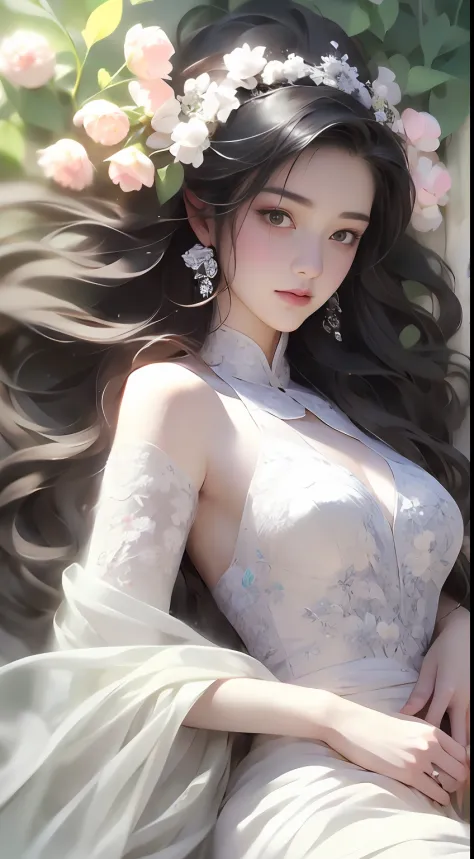 1 girl, full body photo, black hair, flowing hair, hazy beauty, extremely beautiful facial features, white embroidered dress, ha...