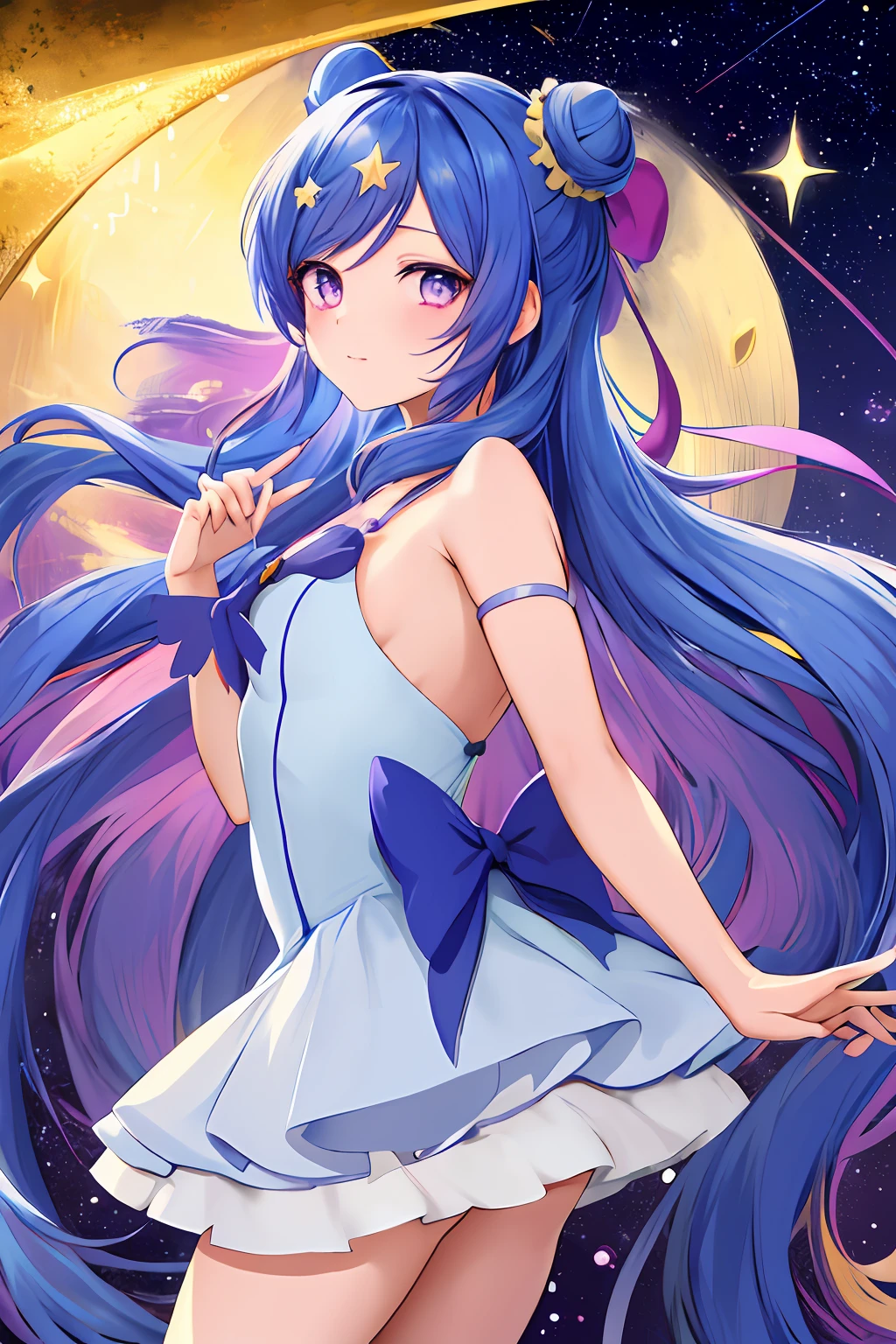 Cute anime magical girl with long dark blue hair, violet eyes, golden hair clip on the left side of hair, two hair buns, stars on the hair buns, white and baby blue dress with a purple bow on the back