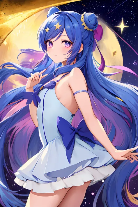 cute anime magical girl with long dark blue hair, violet eyes, golden hair clip on the left side of hair, two hair buns, stars o...