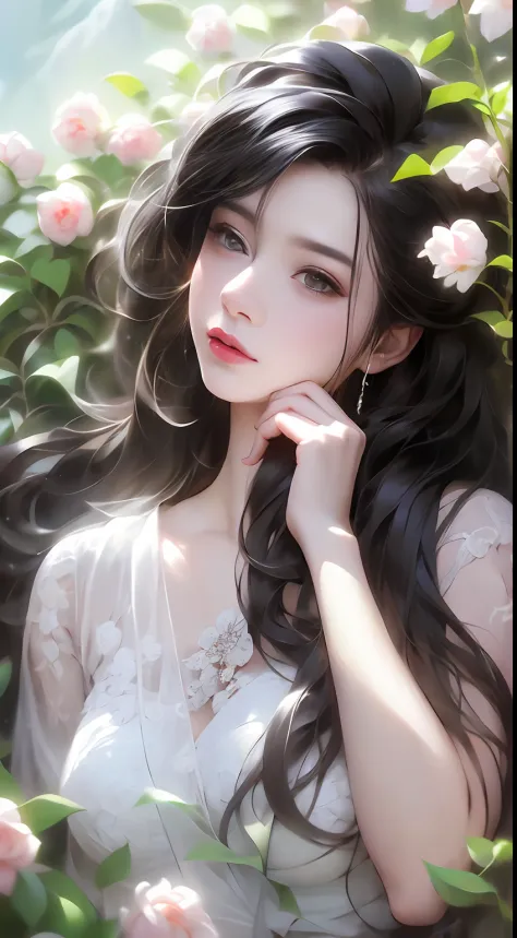 1 girl, full body photo, black hair, flowing hair, hazy beauty, extremely beautiful facial features, white embroidered dress, hairpins on her head, lying in a flower bush, hand dragging chin, perfect hand, white flower, (spring, rainy day, terraces, mounta...