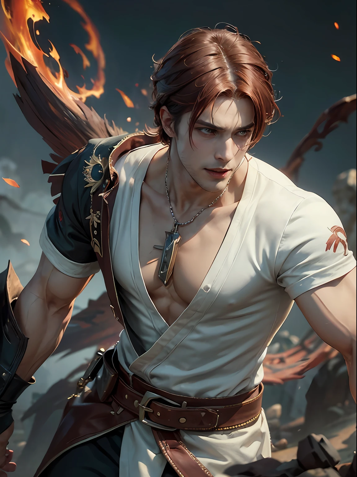 1 man, handsome, with short red hair and a white shirt, grin, handsome guy in demon slayer art, guilty gear strive graphics, realistic, dynamic pose, realistic, detailed and correct facial structure, blades ornaments, attractive, slightly muscular, cinematic lighting, unreal engine, trending on ArtStation, intricate details, masterpiece, best quality, by Irakli Nadar, Greg Rutkowski，(((best quality))),(((ultra detailed))),(((masterpiece)))