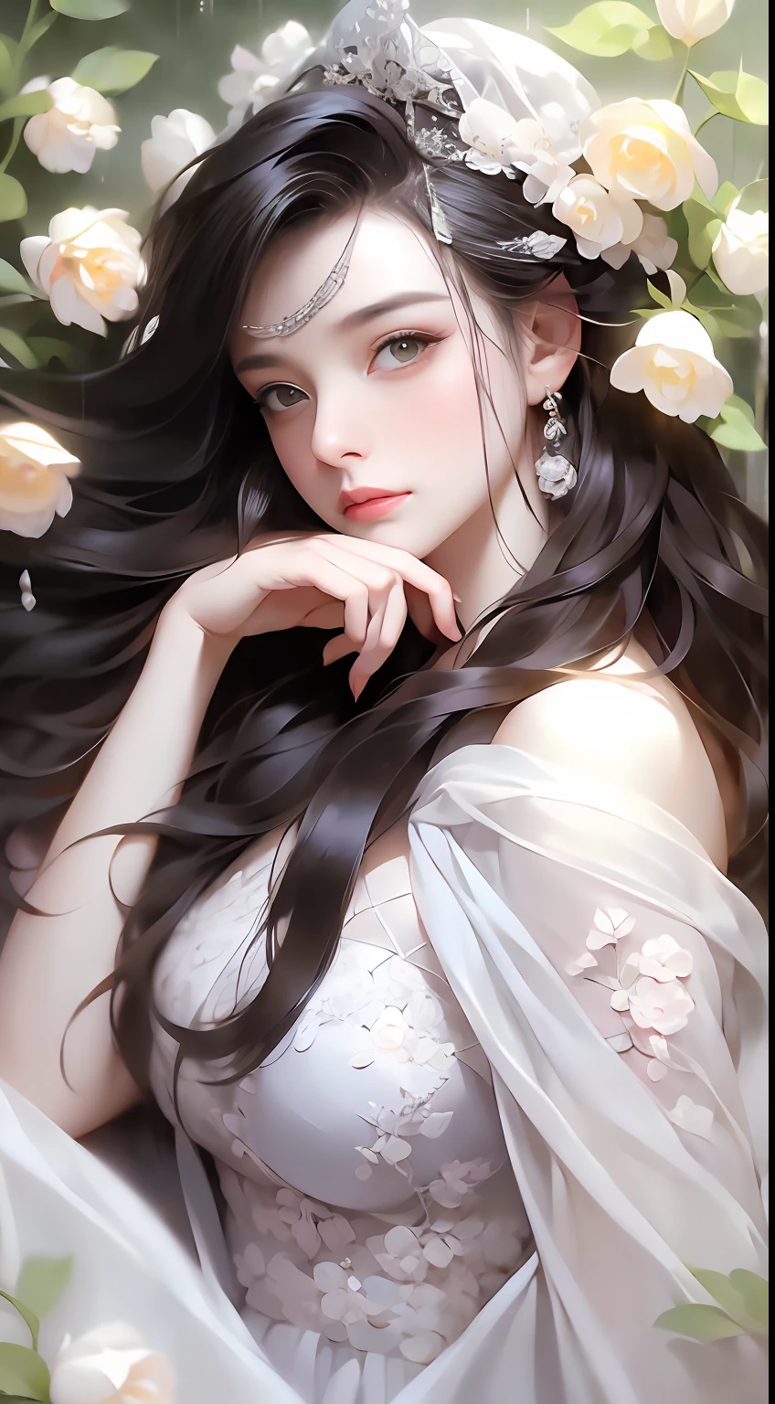 1 girl, full body photo, black hair, flowing hair, hazy beauty, extremely beautiful facial features, white embroidered dress, hairpins on her head, lying in a flower bush, hand dragging chin, perfect hand, white flower, (spring, rainy day, terraces, mountains), simple vector art, contemporary Chinese art, soft light, entangled scarf, overlook