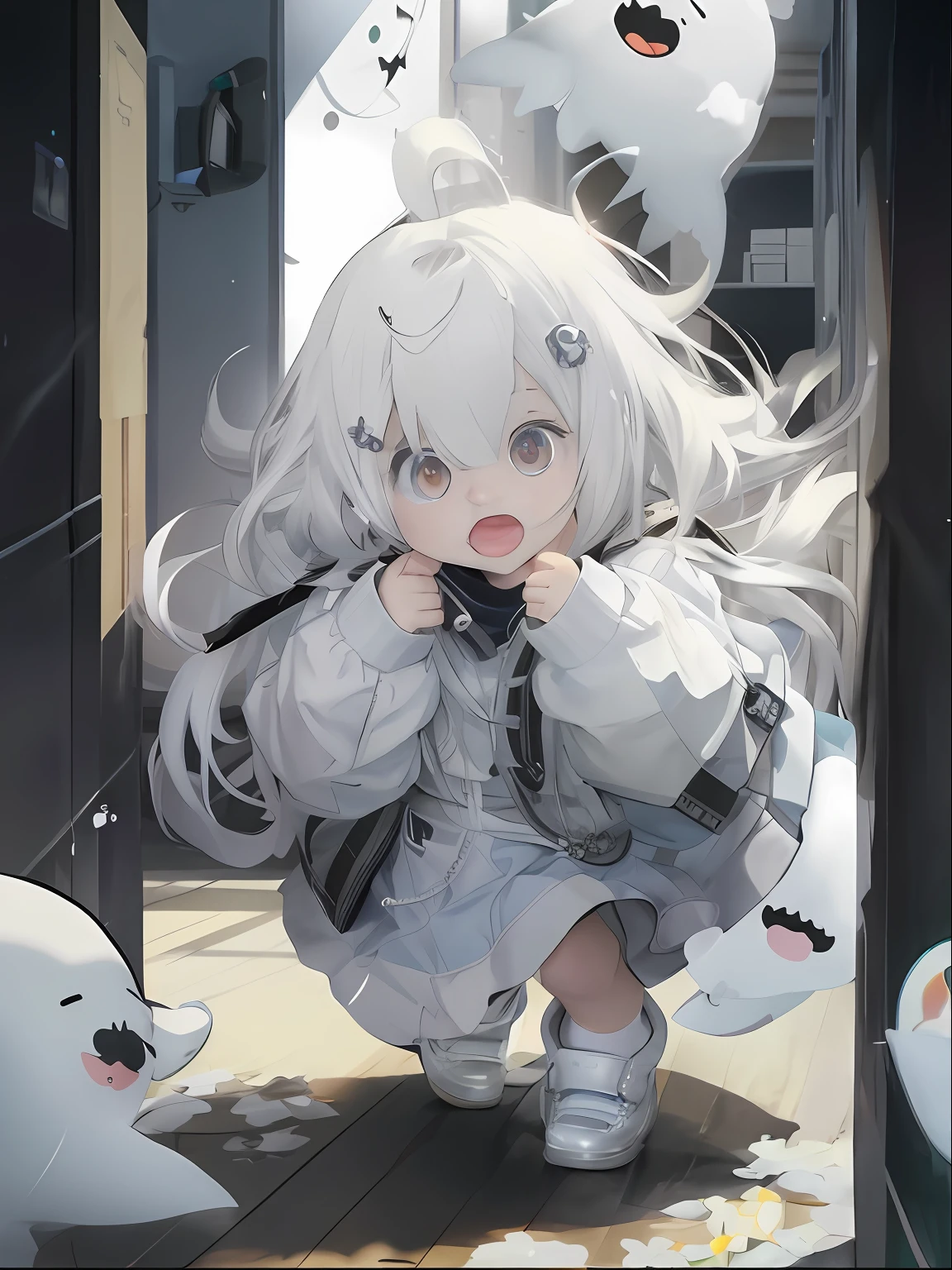 Anime girl with white hair and blue eyes in the hallway, Splash art anime Loli, From Arknights, anime visual of a cute girl, Guviz, from girls frontline, Kantai collection style, Guweiz in Pixiv ArtStation, girls frontline style, small curvaceous loli, Best anime 4k konachan wallpaper