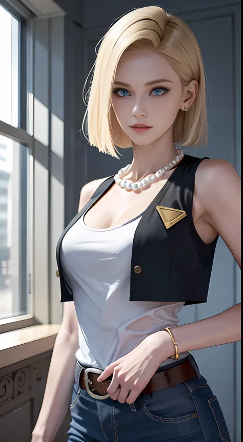 8K，Real picture，complexdetails，Hyper-detailing，（realisticlying），
and18，1girll，Android18，blond hairbl，eBlue eyes，obi strip，denim ...