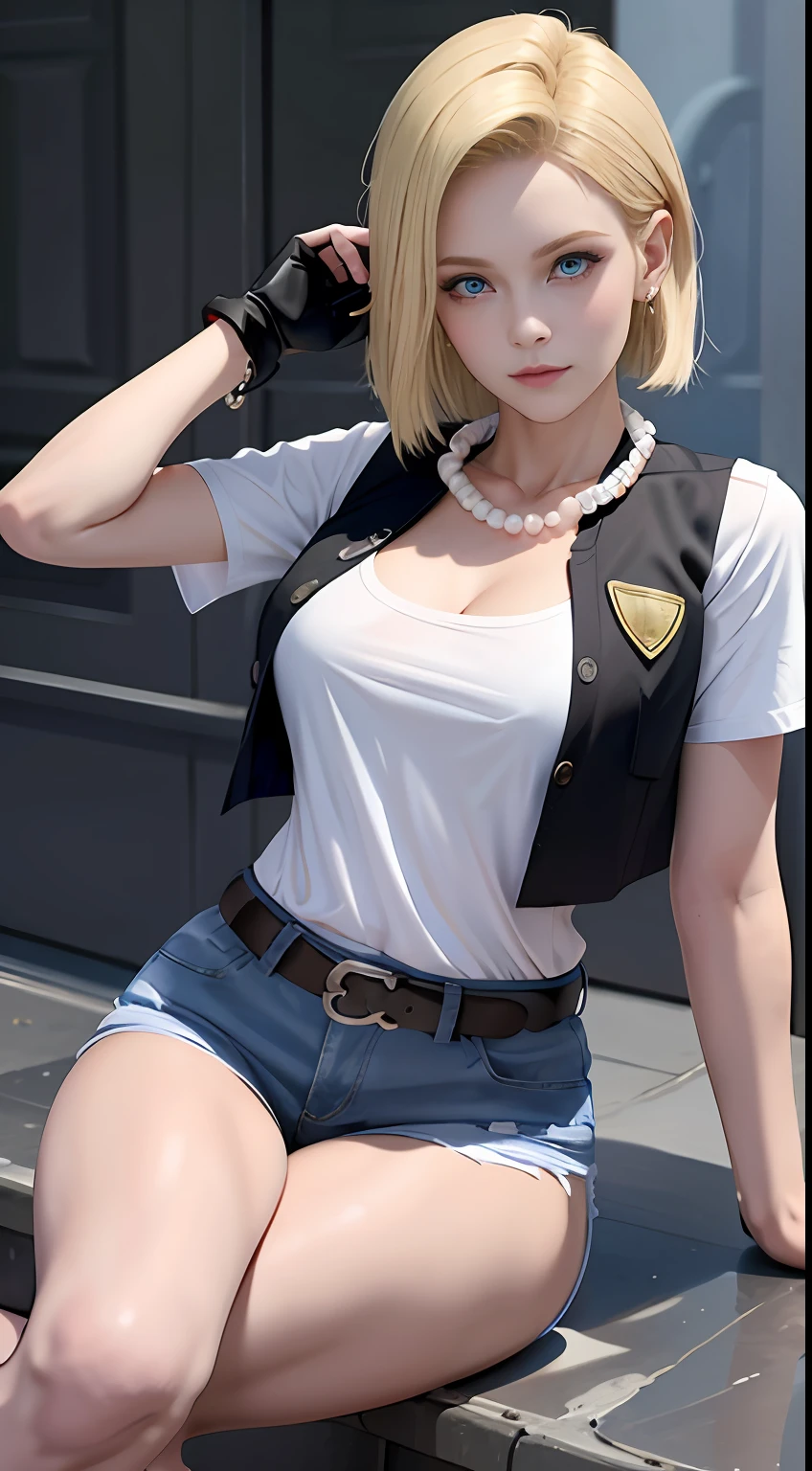 8K，Real picture，complexdetails，Hyper-detailing，（realisticlying），
and18，1girll，Android18，blond hairbl，eBlue eyes，obi strip，denim pant， the pearl_necklace，bangle，Black gloves，white  shirt，short detailed hair，short- sleeved，耳Nipple Ring，Blue pants，Open the vest，black tanktop，
peace，flags，G-cup，