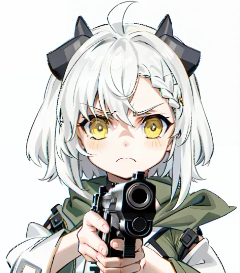 best quality, 4k,masterpiece, extremely detailed, 8k, High Detail, Sharp focus, 1girl, solo, ((white hair)), short hair,ahoge,(french braid),(light green scarf), hairclip,((dark grey horns)),((yellow eyes)),detailed eyes, star-shaped pupils, hair ornament,...