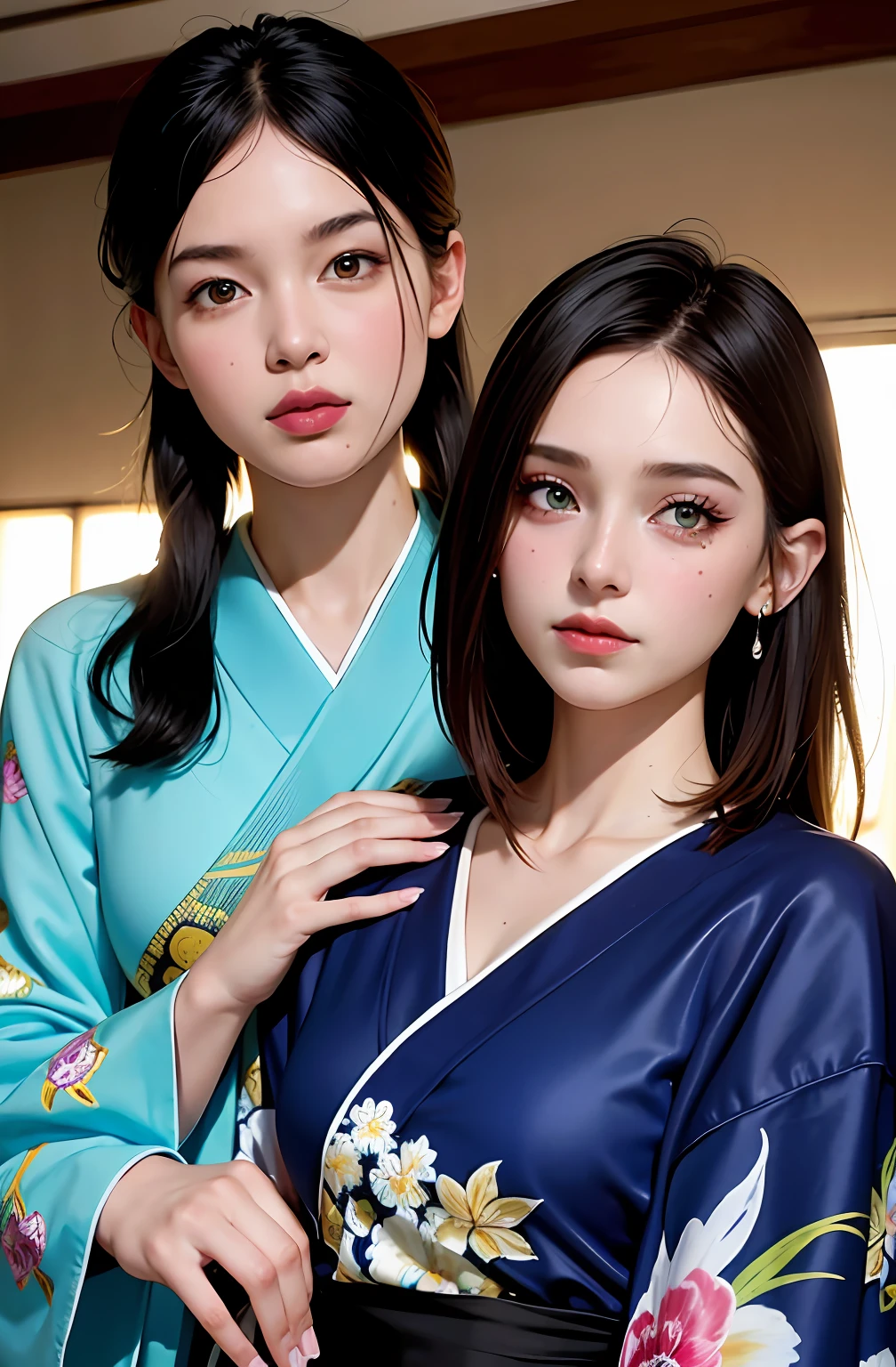 shukezouma, rendering by octane, hdr, (ultra - detailed:1.15), (Soft light, Sharp:1.2),(((Two girls,duo))),Beautiful girls, hyper detail eyes, mature, Painting drops, paint teardrops, woman made up from paint, entirely paint, splat, Splash, Long colored hair, Kimono made of paint, Super fine texture kimono, Paint kimono, paint bulb, Sexy, paint drops, Exposed shoulders, Tears, Sexy, shoulders are visible, Thighs exposed, seminude, focus onface, Beautiful face, eye shadows, Dark circle contour, russian face, Russian girl, mascara, Beautiful, 18yr old