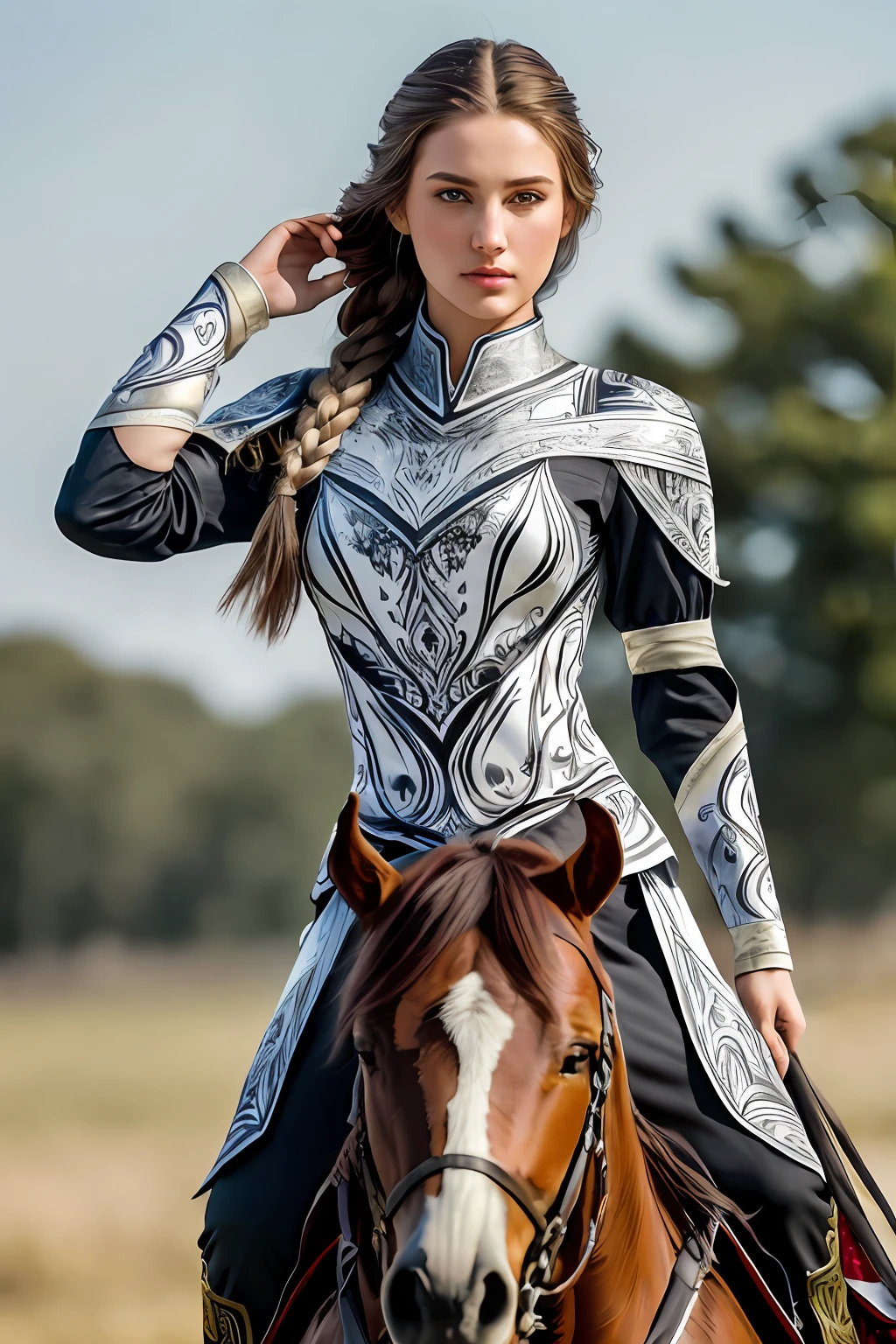 Araffe woman in armor riding a horse in a field - SeaArt AI