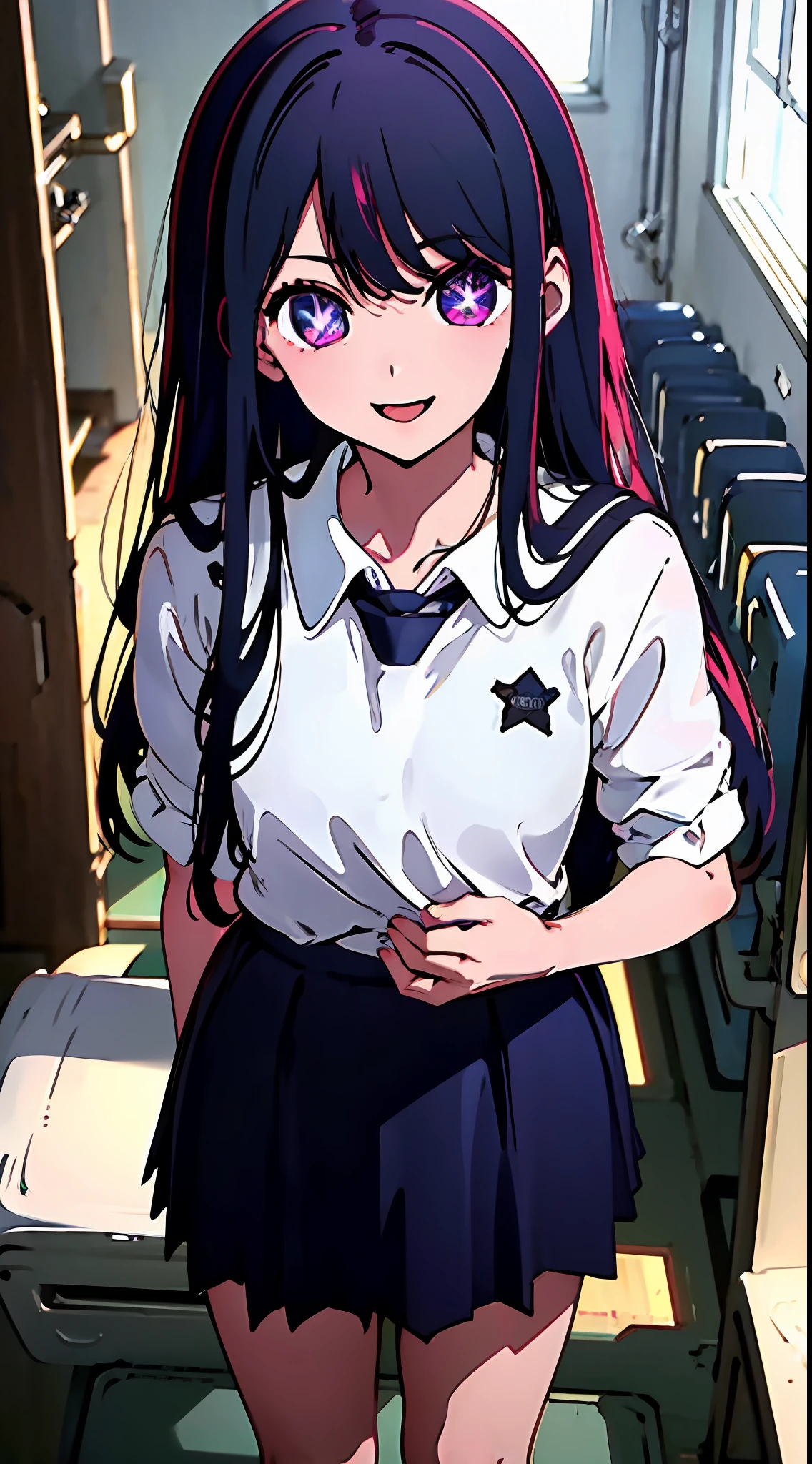 masterpiece, best quality, star-shaped pupils, at school, school sailor anime uniform, wearing backpack, sunny, happy expression, smiling, long hair, hair down, slim body, standing by lockers