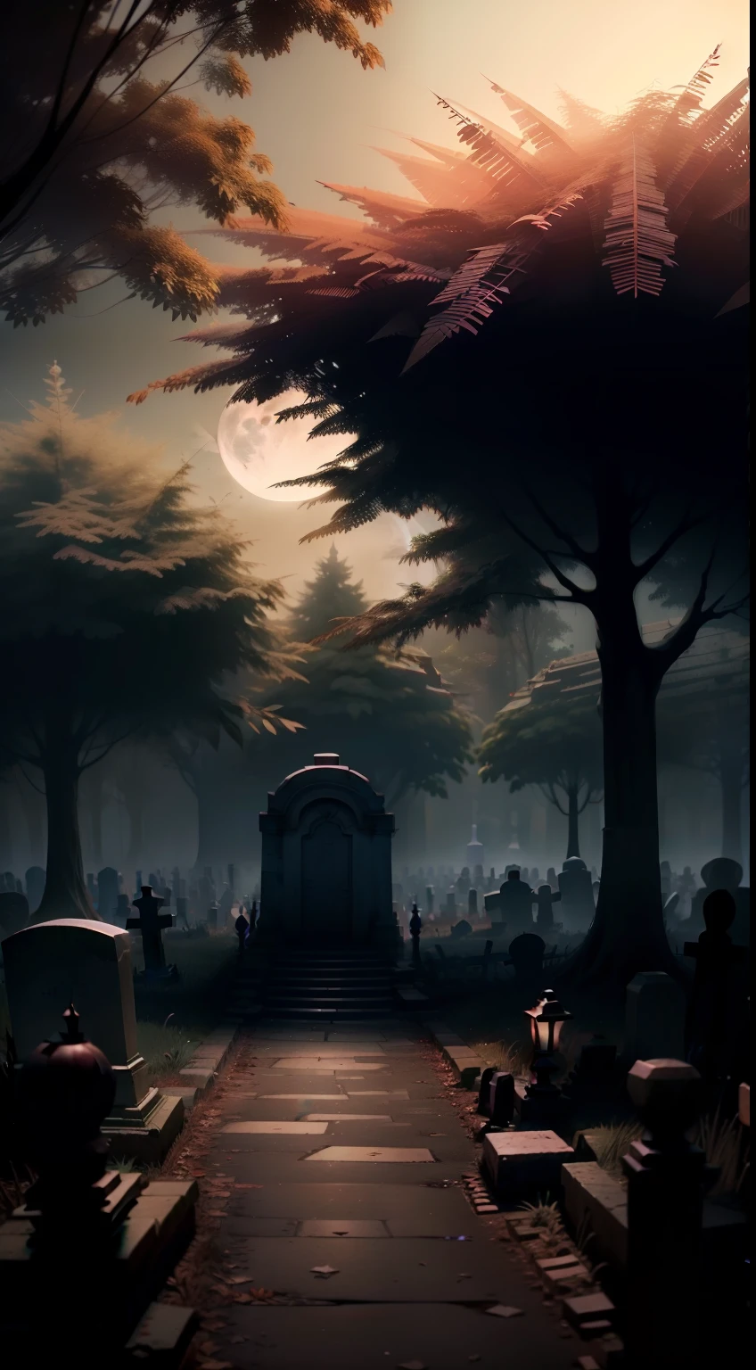 （Dark magic：1.2），Horrible cemetery，dense fog，red full moon（Complicated details），（ultra - detailed）， 8k HDR
