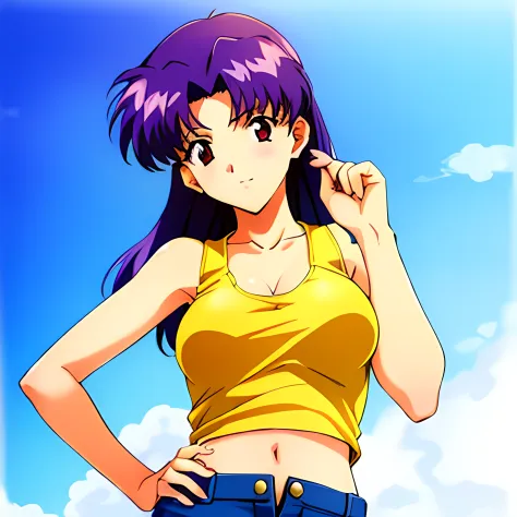 (1girl:1.3), ((katsuragi_misato wearing a yellow tank top)), wearing micro shorts, posing for a picture in an apartment, medium_...