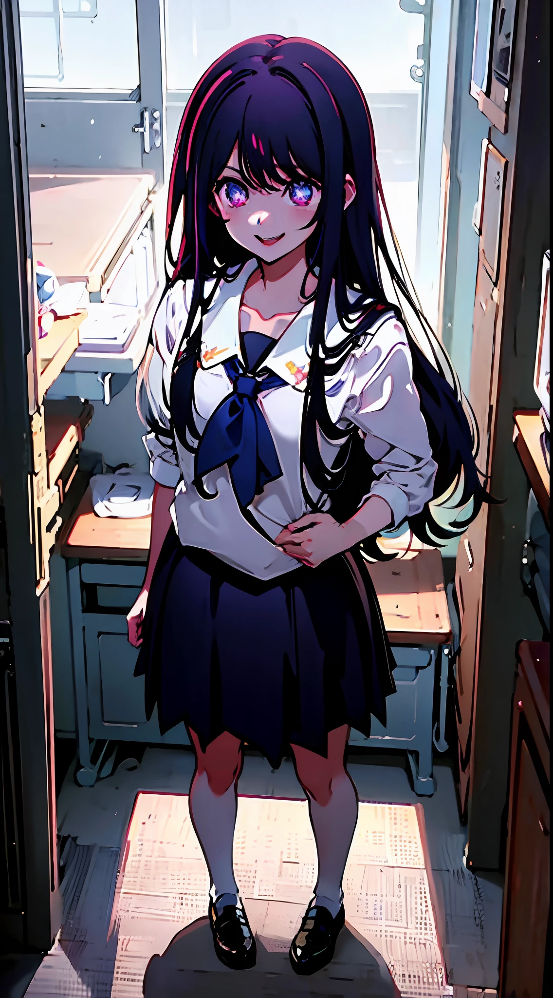 masterpiece, best quality, star-shaped pupils, at school, school sailor anime uniform, wearing backpack, sunny, happy expression, smiling, long hair, hair down, slim body, standing by lockers