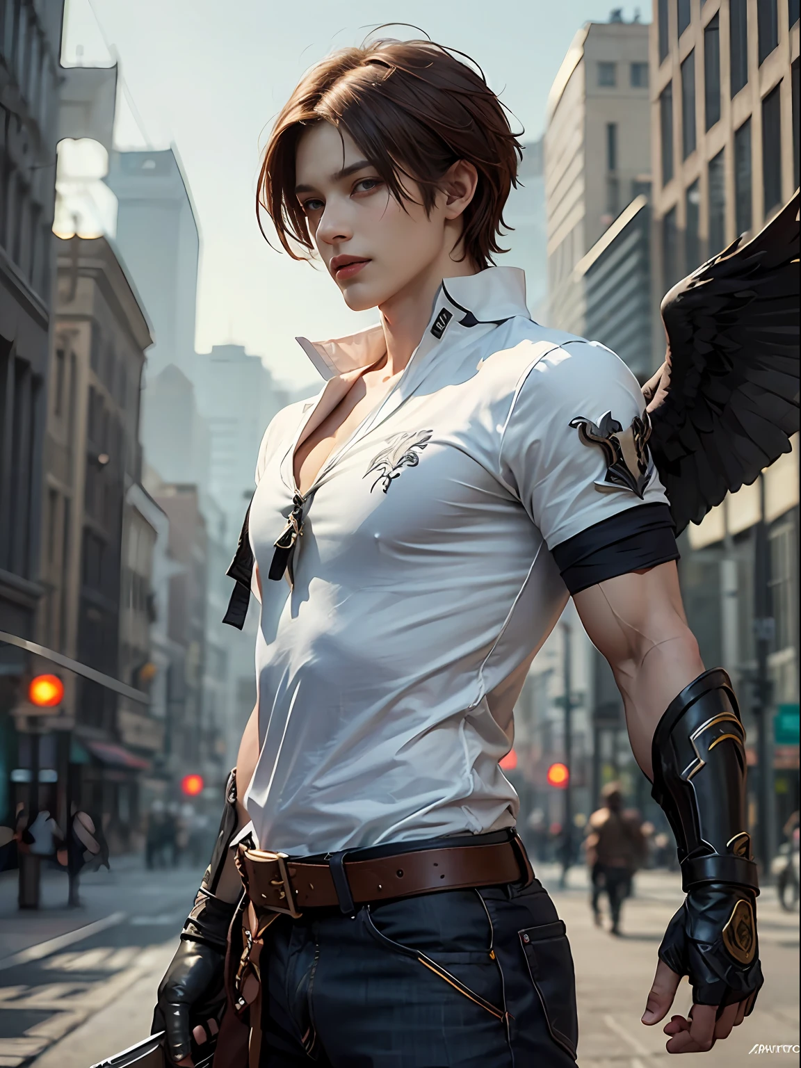 1 man, handsome, with short red hair (backslit) and a white shirt, grin, handsome guy in demon slayer art, guilty gear strive graphics, realistic, dynamic pose, realistic, detailed and correct facial structure, blades ornaments, attractive, slightly muscular, Punishing Gray Raven, cinematic lighting, unreal engine, trending on ArtStation, intricate details, masterpiece, best quality, by Irakli Nadar, Greg Rutkowski，(((best quality))),(((ultra detailed))),(((masterpiece)))