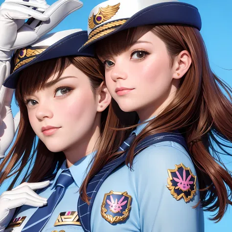 (detailed blue background), masterpiece, best quality, officer_dva, female_service_cap, brown_eyes, pink_facial_mark