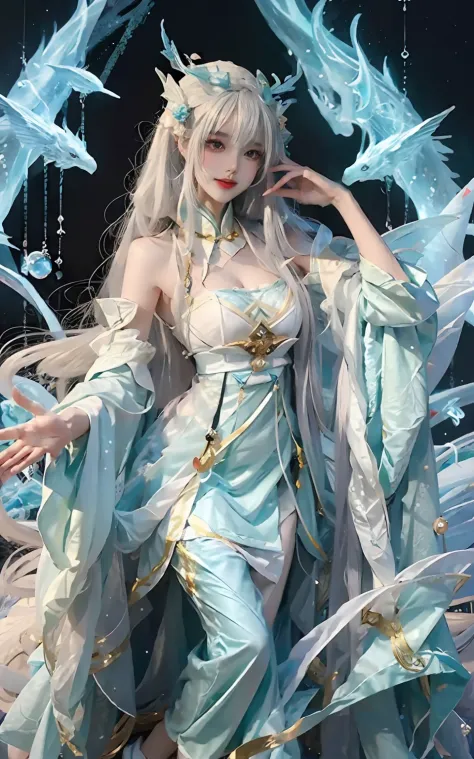Close-up of a woman in costume on stage，full-body xianxia，beautiful celestial mage，Amazing young ethereal characters，a beautiful...