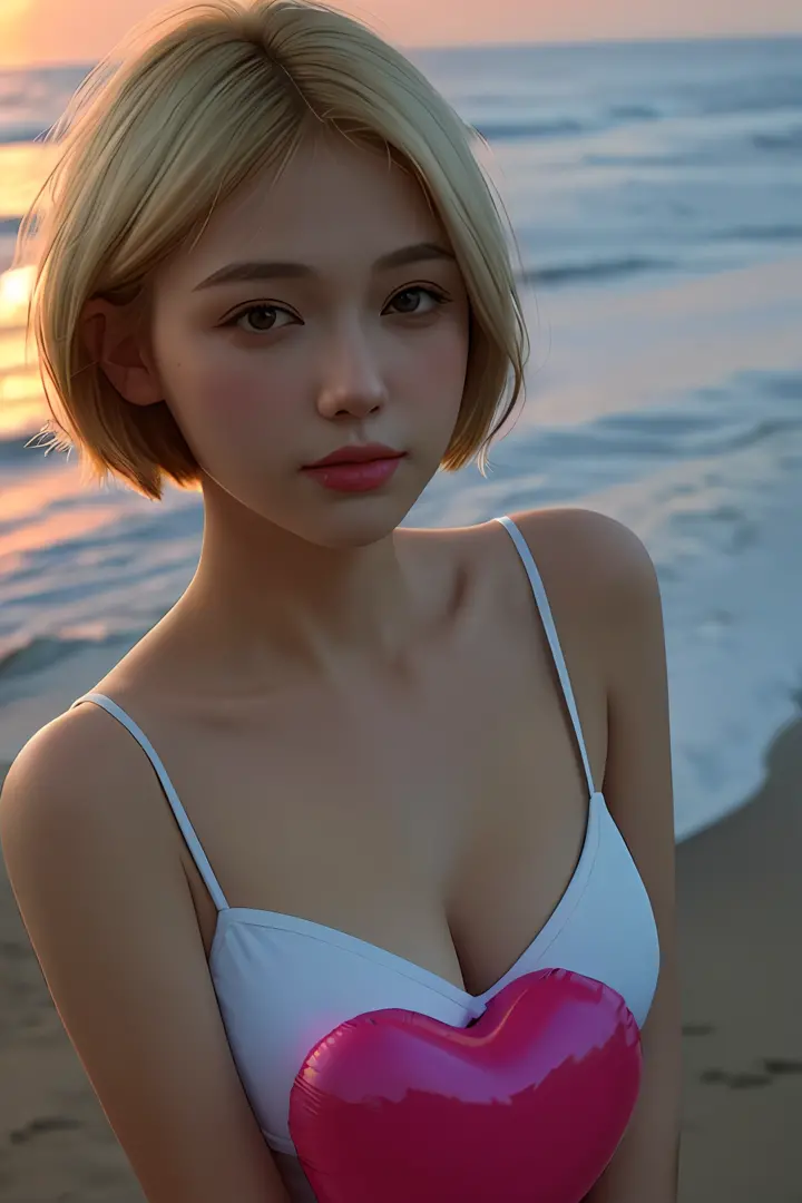 a photo of girls  with short blonde hair surrounded by heart balloons close up amazing highly detailed photo, at the beach, suns...