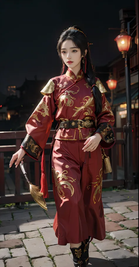 feiyu_clothes， red-fabric， gold embroidery， gold embroidered black bracer， high ponytails， depth of fields， night cityscape， 1gi...