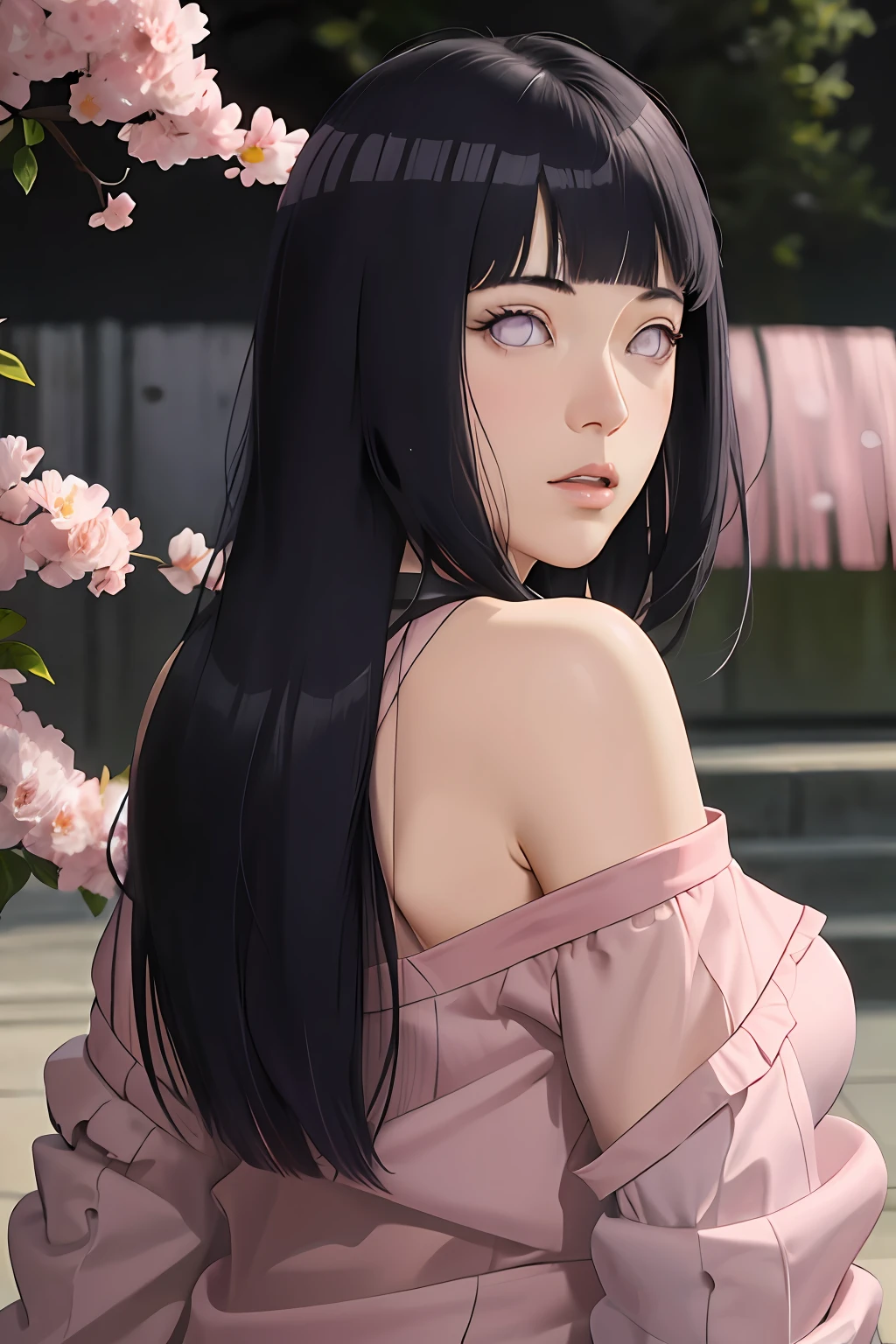 masterpiece, absurdres, hinata\(boruto\), 1girl, solo,mature female, off-shoulder oversized shirt, looking at viewer, (falling petals), perfect composition, detailed lips, big breast, beautiful face, body propotion, blush, (pink lips), long hair,  purple eyes,  soft gaze,  super realistic, detailed, photoshoot, realistic face and body, back view