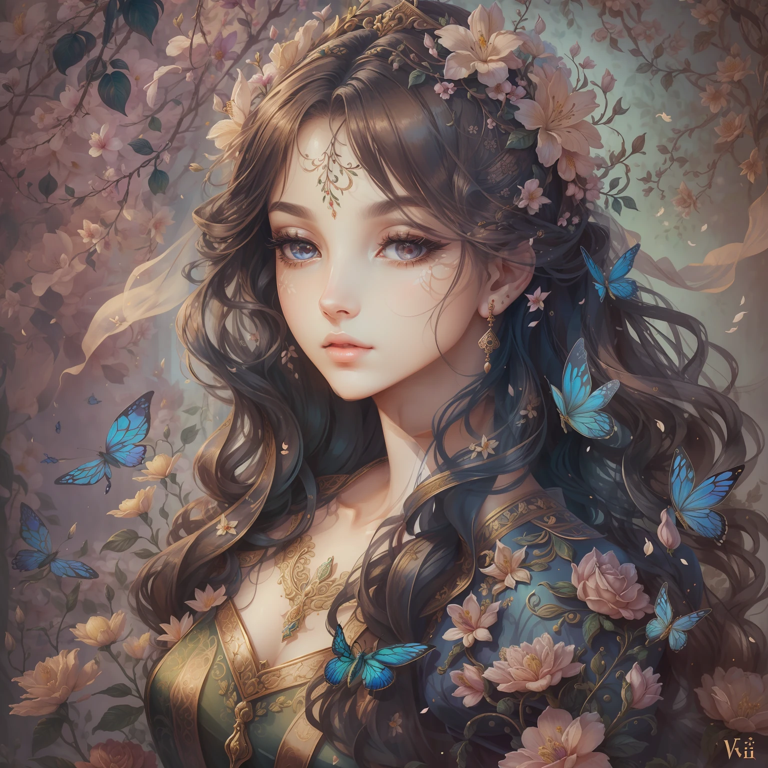 classical aesthetics，Beautiful and meticulous portrayal，High-definition detail，Ancient beauty，The posture is natural，The details stand out，Flowers, vines, butterflys，lovely lips，Revel in the eyes，Flowing, Smooth hair，Beautiful face，Ink painting effect，Natural light