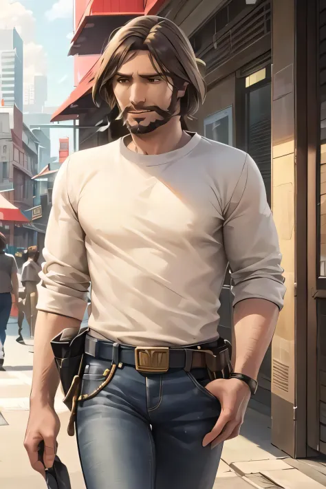 mccree, uncovered head, white shirt, jeans, city street, day, walking,  best quality