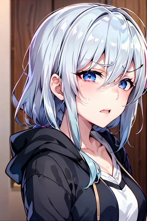 Yukino, Silver hair and  eyes in a black hoodie, anime visual of a cute girl, screenshot from the anime film, & her expression i...