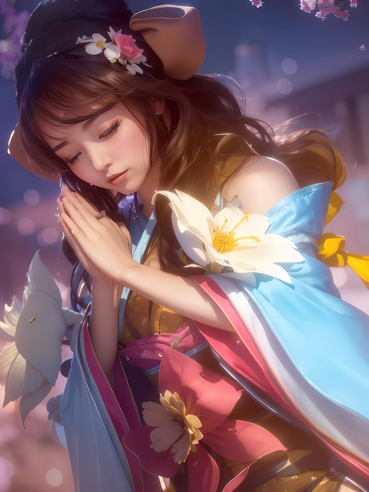 ((Best Quality, 4K, Masterpiece: 1.3)), (Detailed: 1.4), Reality, 1girl, a girl with a flower in her hair and a blue dress, portrait of ahri, ahri, yun ling, heise jinyao, A woman with brown hair and long hair, A woman with kimono dress and close eyes, with flower, wave hair, hair Bangs, Bangs, Big Breast, Huge Breast, 4K, HD, Ultra Realistic, extremely detailed, tfft,