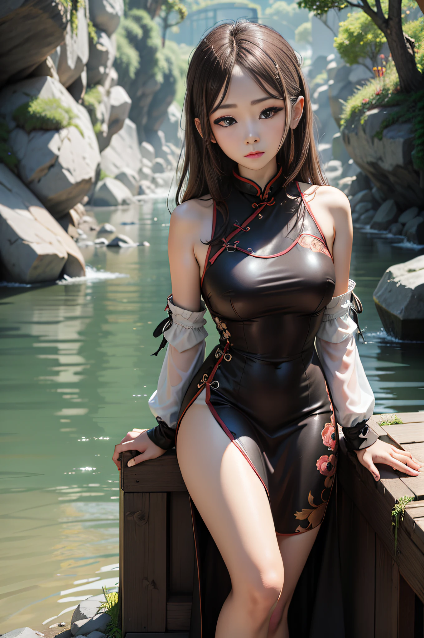 （（（tmasterpiece））），best qualtiy，A young girl，Stand by the river and look out，，Delicate face，Brown hair，Black cheongsam，full bodyesbian