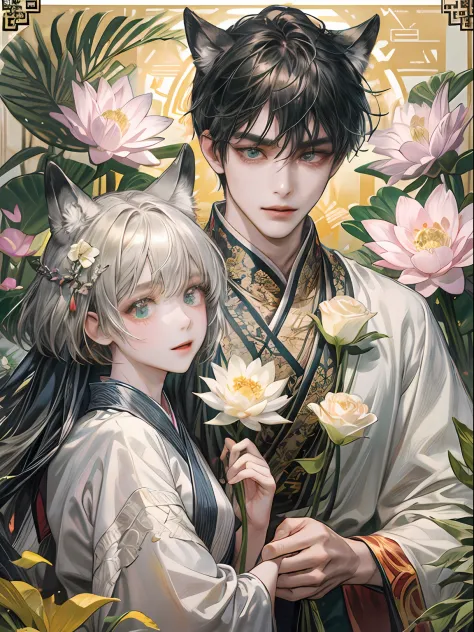(absurderes、hight resolution、ultra-detailliert)、(Two men smiling face to face)、Gray-haired man with beautiful fox ears、Armin、Strong man with black hair with wolf ears、Alvin、ink and watercolor painting、Traditional Chinese Ink Painting、lotuses、Hanfu、Maxi Kit...