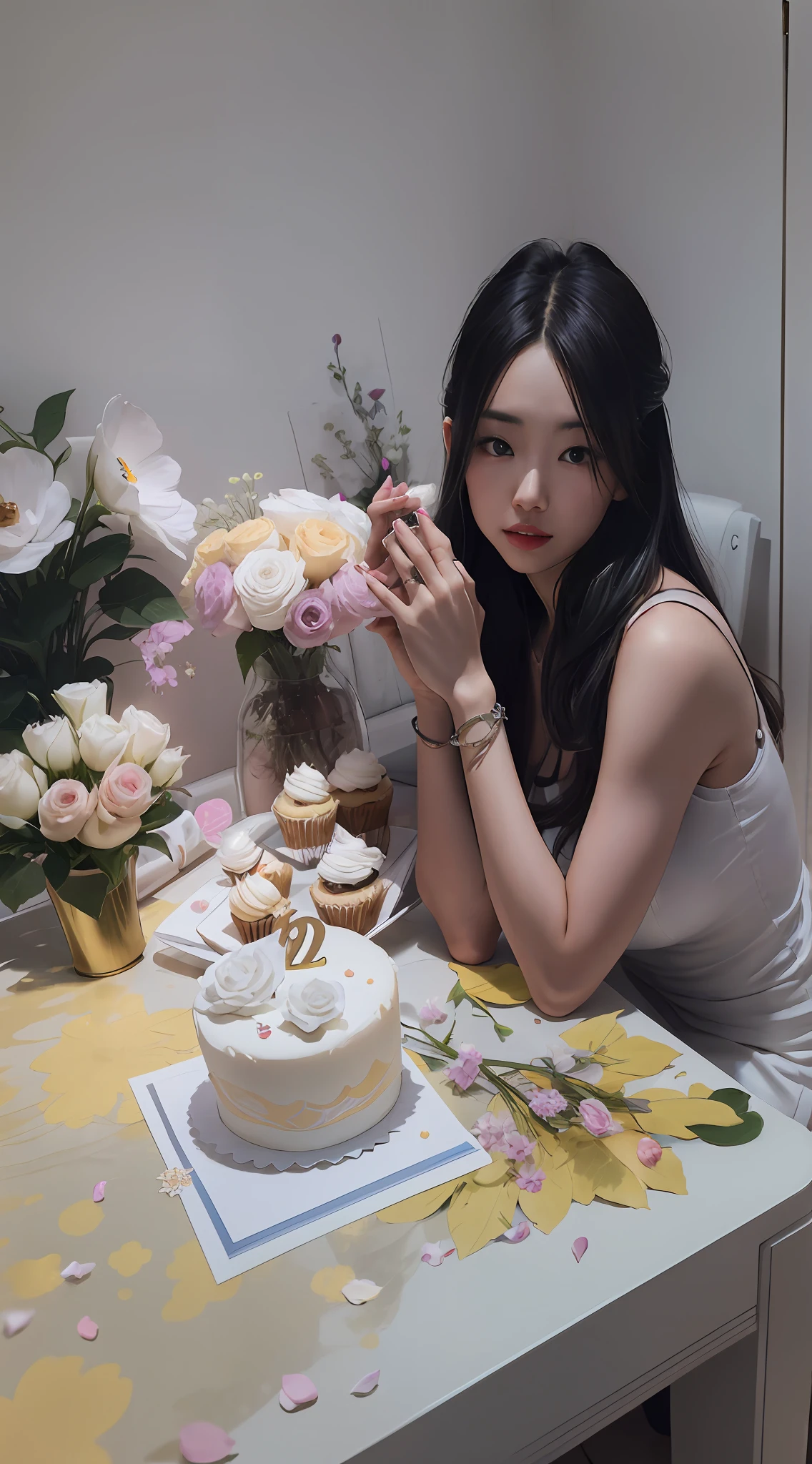 There was a woman sitting at the table，Holding cake and cupcakes, wenfei ye, Range Murata and Artgerm, taken with canon eos 5 d mark iv, Photo taken with Nikon D 7 5 0, Photo taken with Nikon D750, lulu chen, Zhang Jingna, Ruan Jia and Artgerm, author：ayami kojima