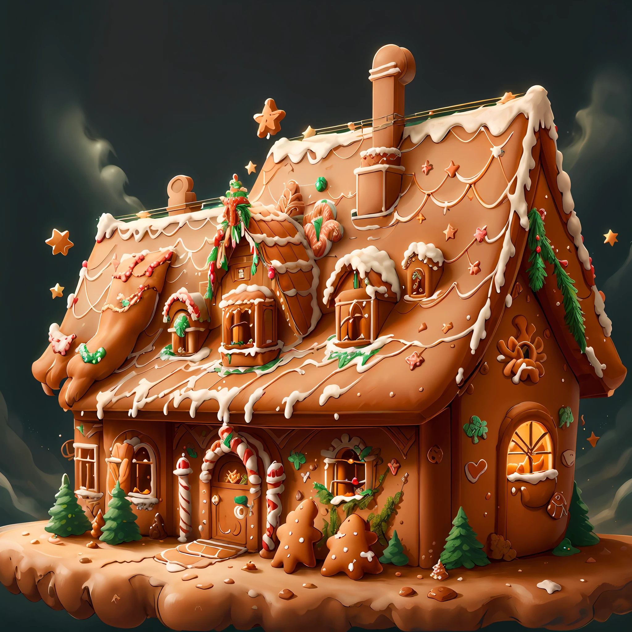 "GingerbreadAI, casa de doces detalhada e intrincada, full of sugar and treats, sugary chimney, porta de doces, grama verde"