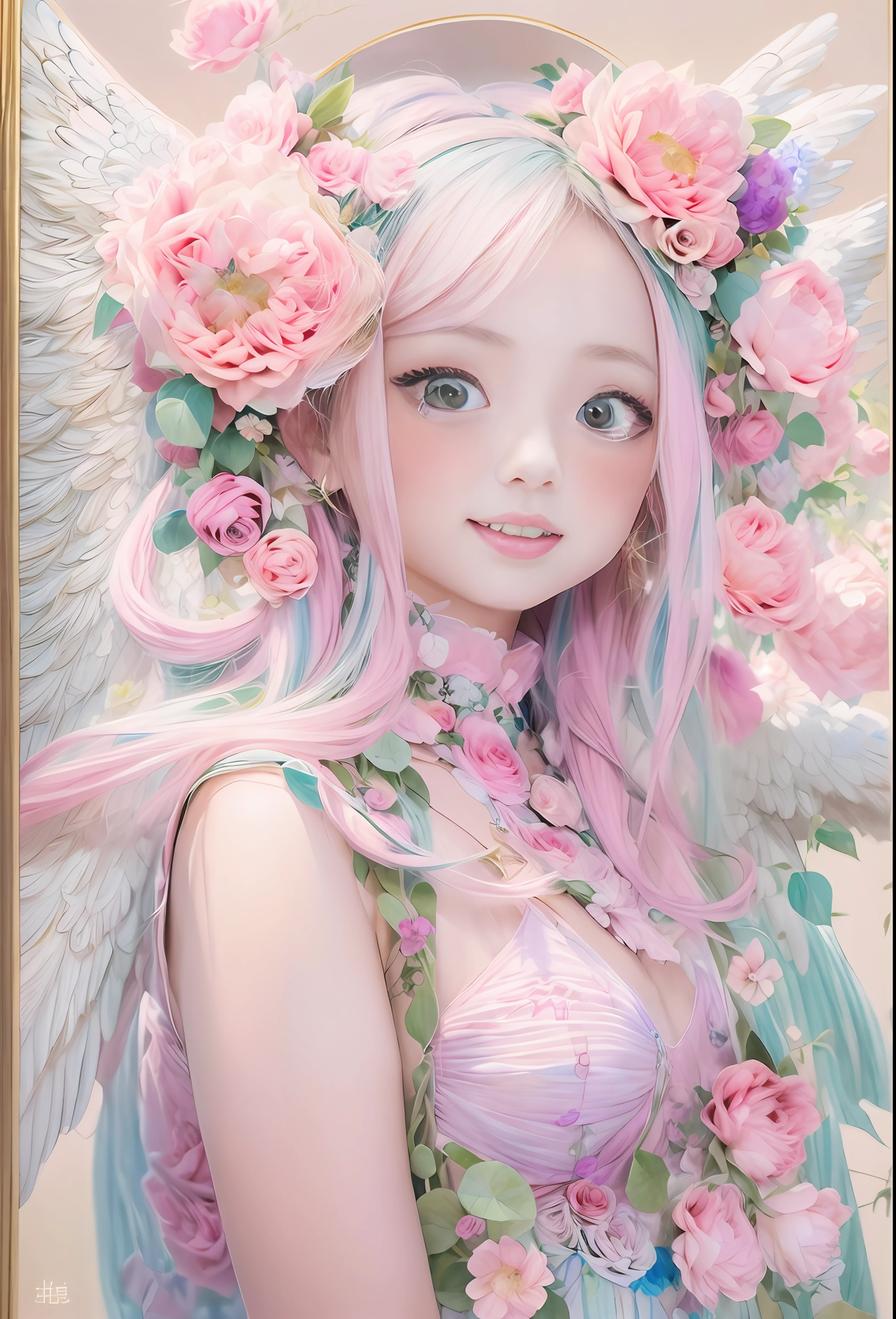 kawaii、Pale pink color illustration、(Angel wings、😇、a smile、😌🥰Archaic Smile).hyper realstic、Ultra-realistic、Depiction of the human body without distortion、Monna Lisa、Woman in the Arms、Near and far law、Three-dimensional、Contemporary painting、moderno、world masterpiece、collection、Homage to the art or artist work of Picasso and Renoir, Not sentimental、Excellent portrayal、Gentle expression、More detailed character faces, Serious competition、Compositions like paintings、(Konmutsuki_Gacha_Series 1, punk_rosette), Realistic、Delicate brushwork、aqua color flowers, (Full body, elegant flowers background)
