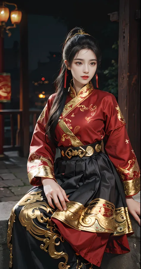 Feiyu_clothes， red-fabric， gold embroidery， Gold embroidered black bracer， high ponytails， depth of fields， night cityscape， 1gi...